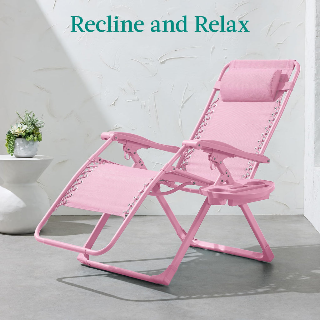 Best Choice Products Adjustable Zero Gravity Chair, Monochromatic Color Folding Patio Recliner W/Side Tray, Headrest - Carnation