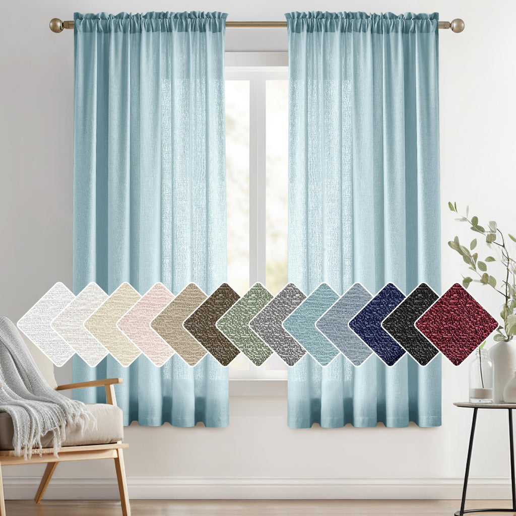 Melodieux Blue Semi Sheer Curtains 45 Inch Length for Bedroom Kitchen Small Windows, Linen Look Rod Pocket Privacy Sheer Drapes,