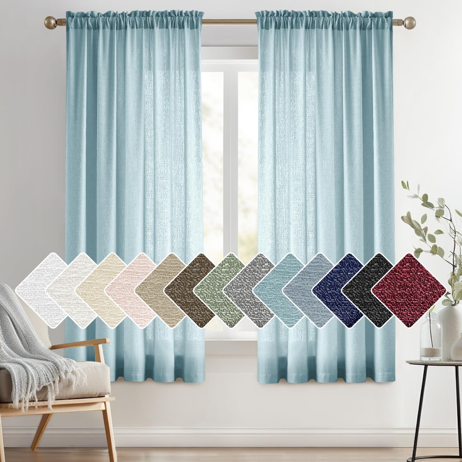 Melodieux Blue Semi Sheer Curtains 45 Inch Length for Bedroom Kitchen Small Windows, Linen Look Rod Pocket Privacy Sheer Drapes,