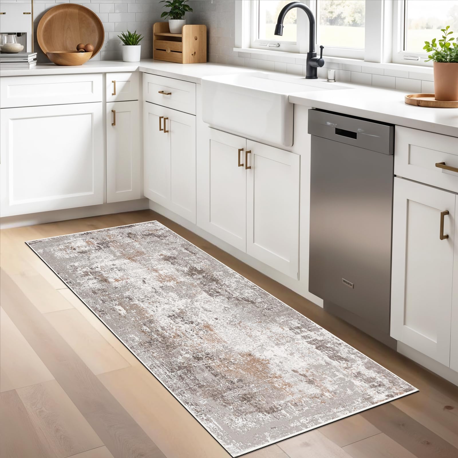 2x5 Rug Runner Washable - Non-Slip Kitchen Entryway Hallway Throw Carpet Runner with Rubber Backing - Neutral Low Pile for Bedro