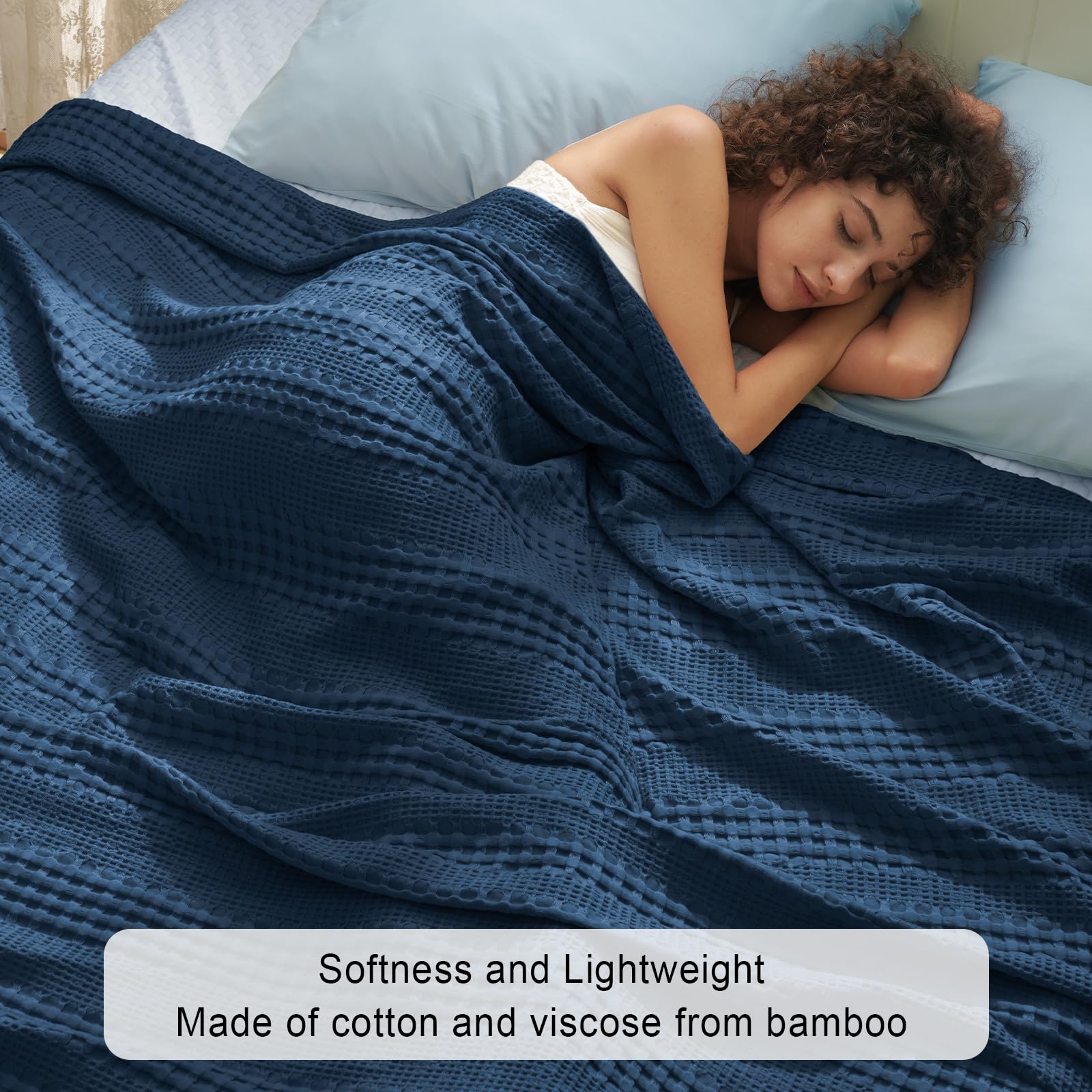 Phf Cooling Waffle Blanket Queen Size, Lightweight 60% Rayon Derived From Bamboo & 40% Cotton Breathable Blanket For Hot Sleepers, Soft And Luxury For Bed Couch And Sofa, 90'X90', Navy Blue