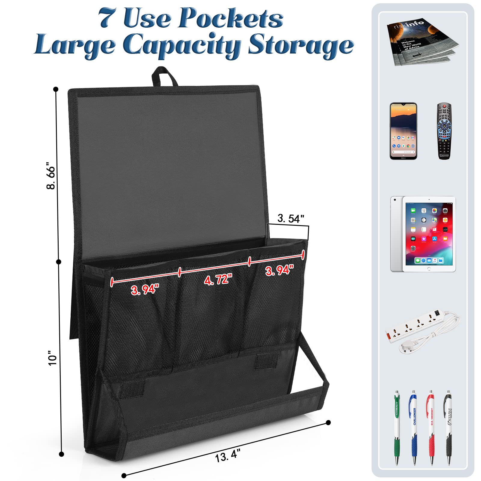Retyion Bedside Storage Organizer With Power Strip Holder And Adjustable Straps Bed Hanging Bag For Home Bunk Bed Dorm Sofa (Bla