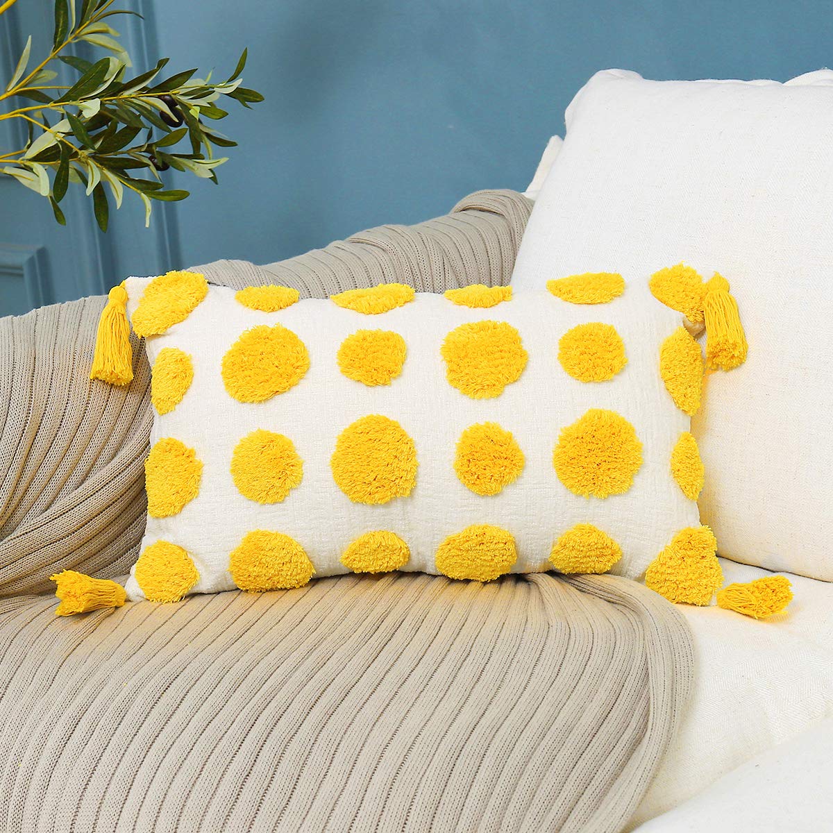 Plworld Boho Yellow Lumbar Throw Pillow Cover 12X20 Inch With Tassels, Pom Pom Tufted Cream Chenille Fabric Small Accent Texture