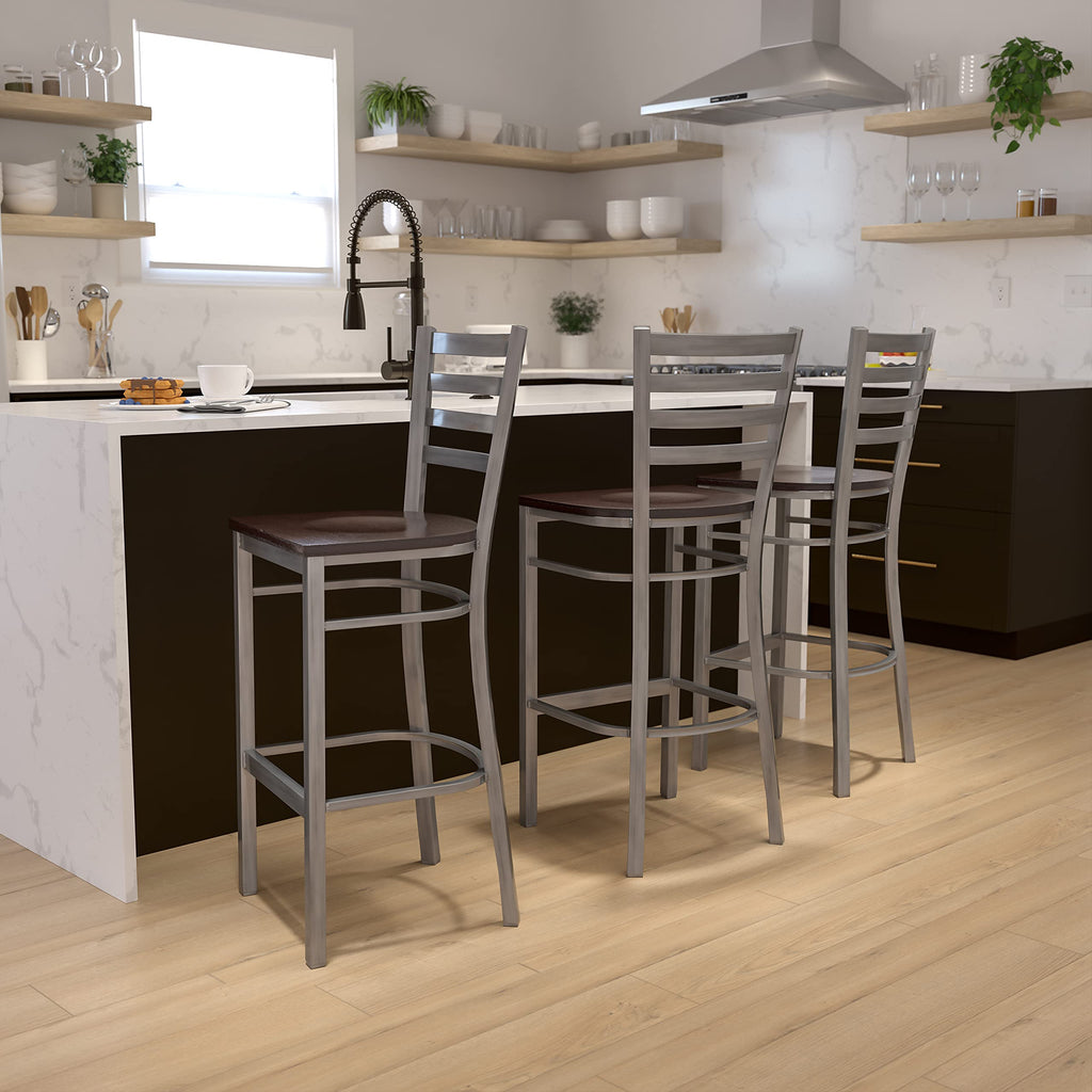 Flash Furniture Hercules Series Clear Coated Ladder Back Metal Restaurant Barstool - Walnut Wood Seat