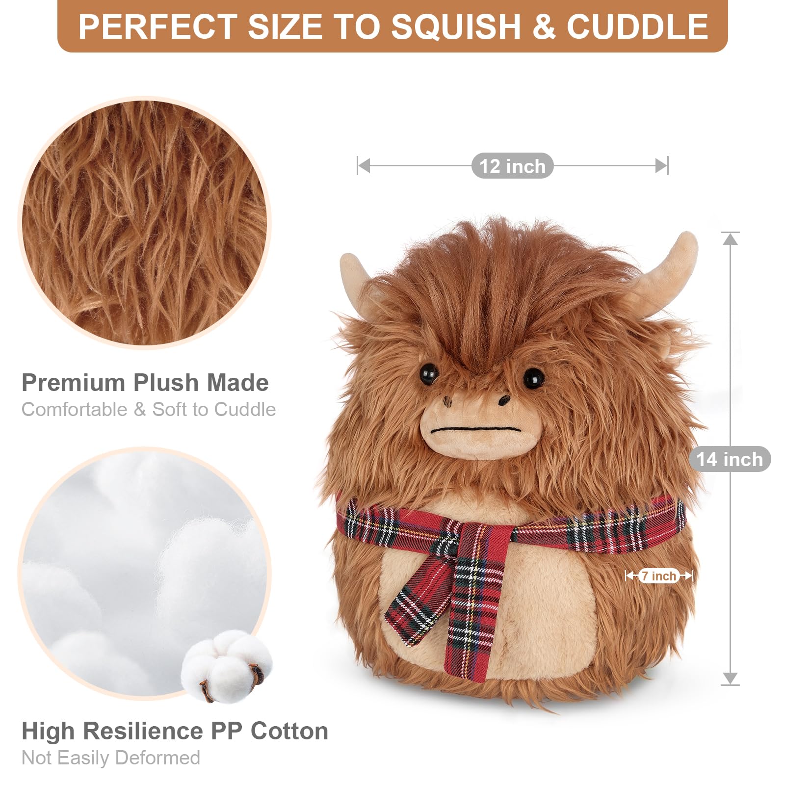 Suzzipals 14' Highland Cow Stuffed Animals Plush Pillows, Scarf Scottish Highland Cattle Plushies, Soft Stuffed Cow Plush Toys
