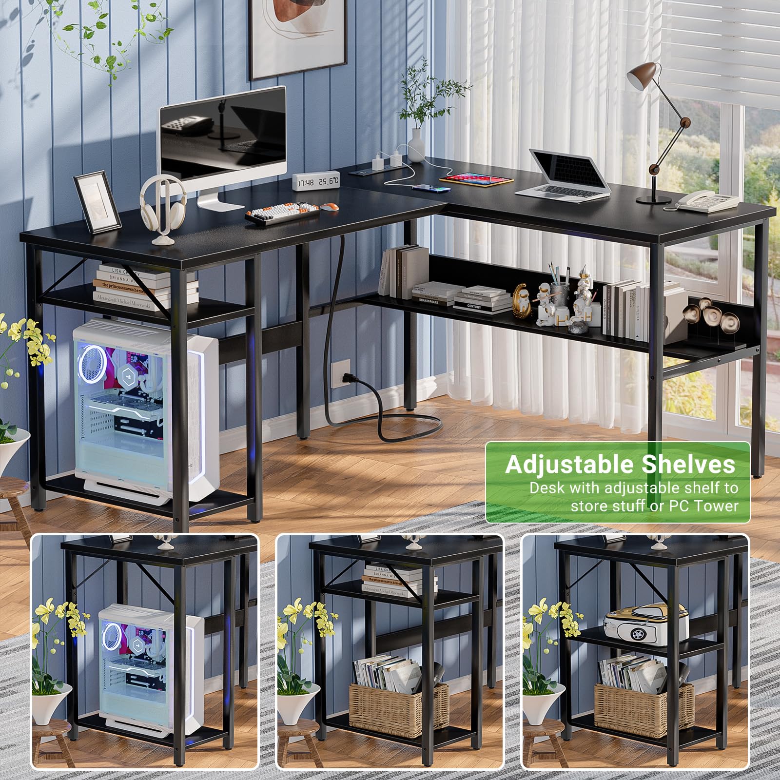 Unikito Reversible L Shaped Desk With Magic Power Outlets And Usb Charging Ports, Sturdy Corner Computer Desk With Storage Shelves, Gaming Table Home Office Desk, Easy To Assemble, Black