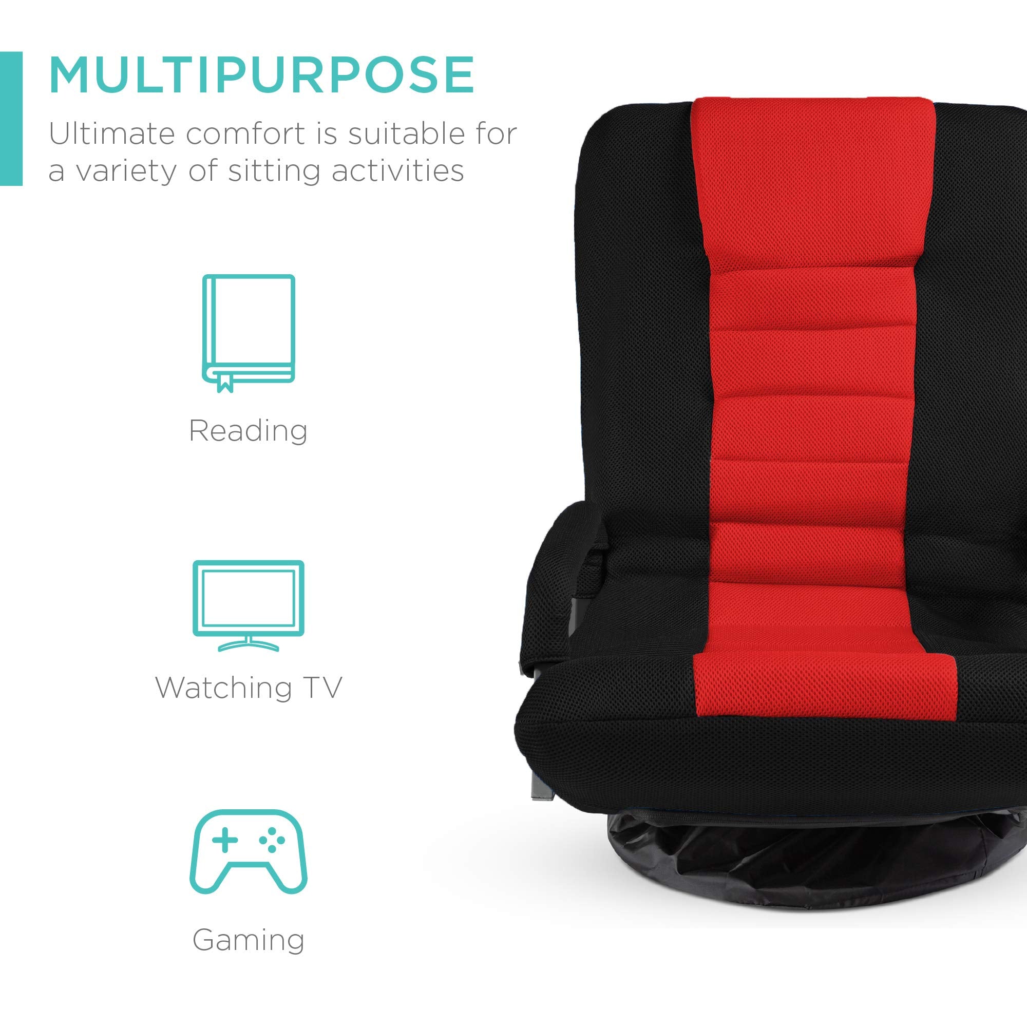 Best Choice Products Swivel Gaming Chair 360 Degree Multipurpose Floor Chair Rocker For Tv, Reading, Playing Video Games W/Lumbar Support, Armrest Handles, Adjustable Backrest - Black/Red