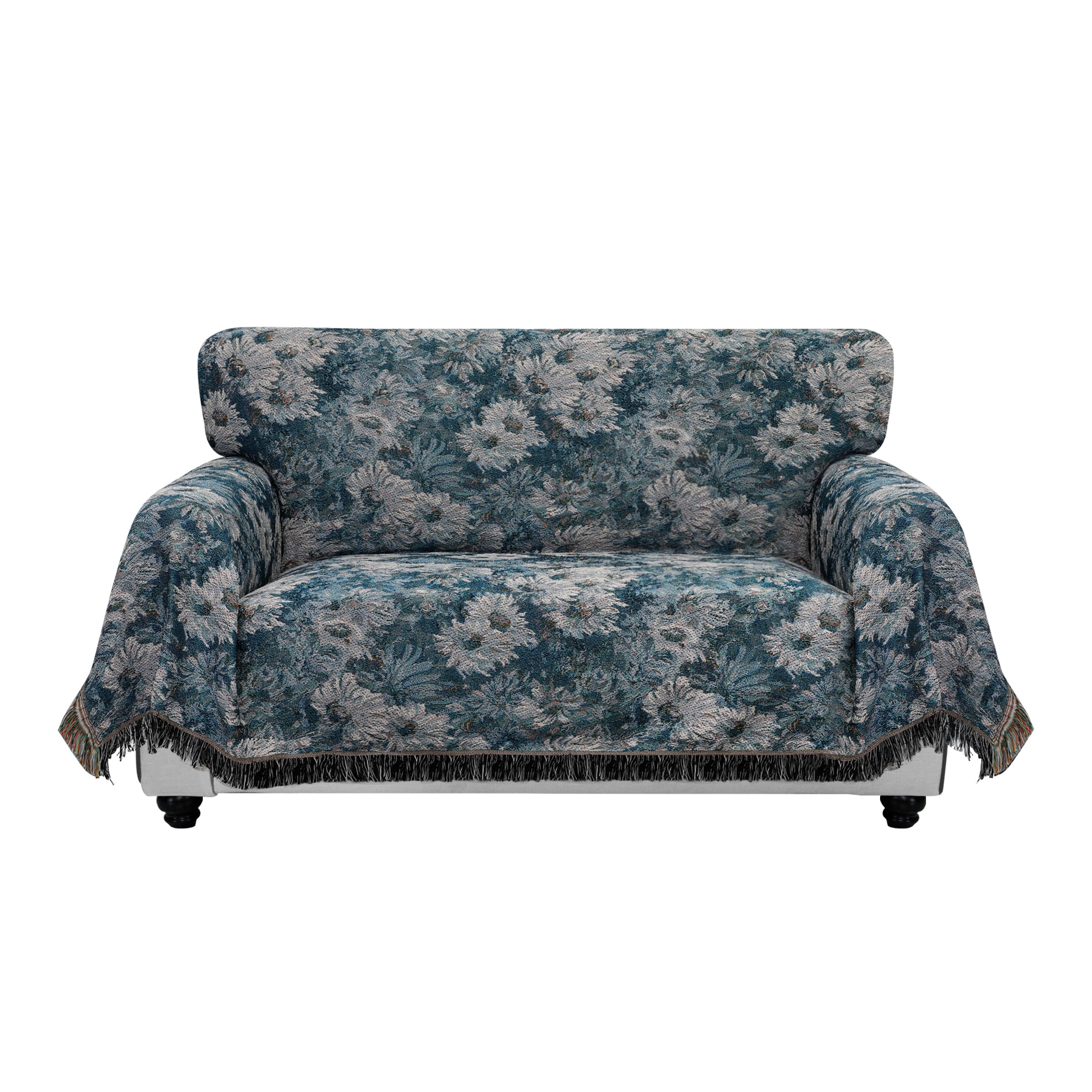 Purefit Geometric Jacquard Throw Sofa Cover - Textured Soft Washable Decorative Couch Covers For 3 Cushion Couch, Throw Cover With Tassels Furniture Protector For Pets (Medium, Flower Peacock Blue)