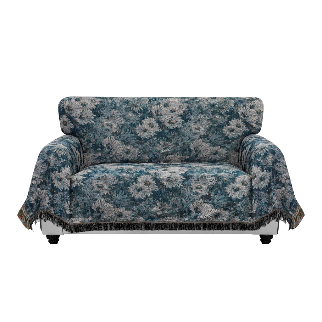 Purefit Geometric Jacquard Throw Sofa Cover - Textured Soft Washable Decorative Couch Covers For 3 Cushion Couch, Throw Cover With Tassels Furniture Protector For Pets (Medium, Flower Peacock Blue)
