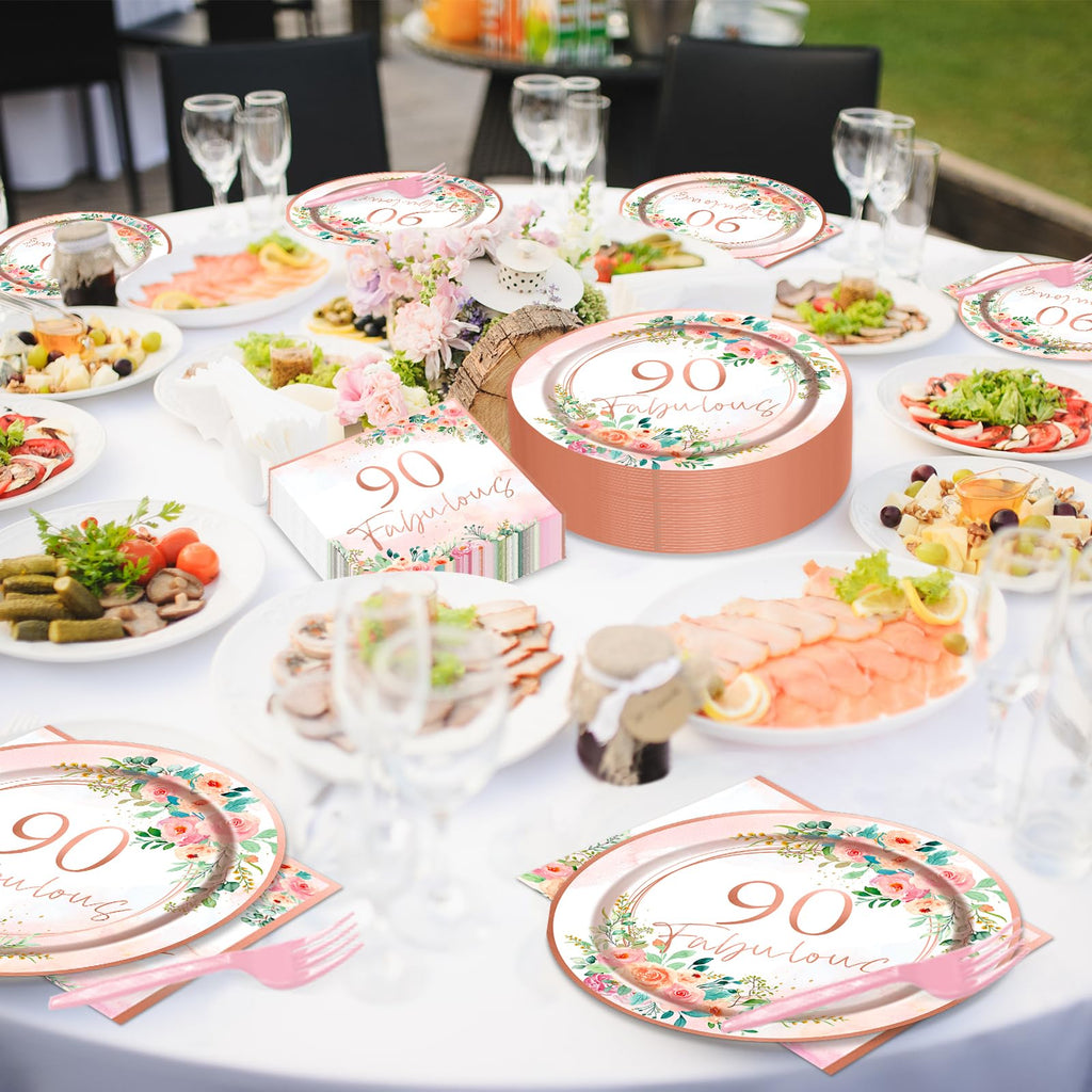 gisgfim Rose Gold 90th Birthday Party Tableware Set - 50 Guests, 200PCS Floral Paper Plates & Napkins, Fabulous Party Decorations