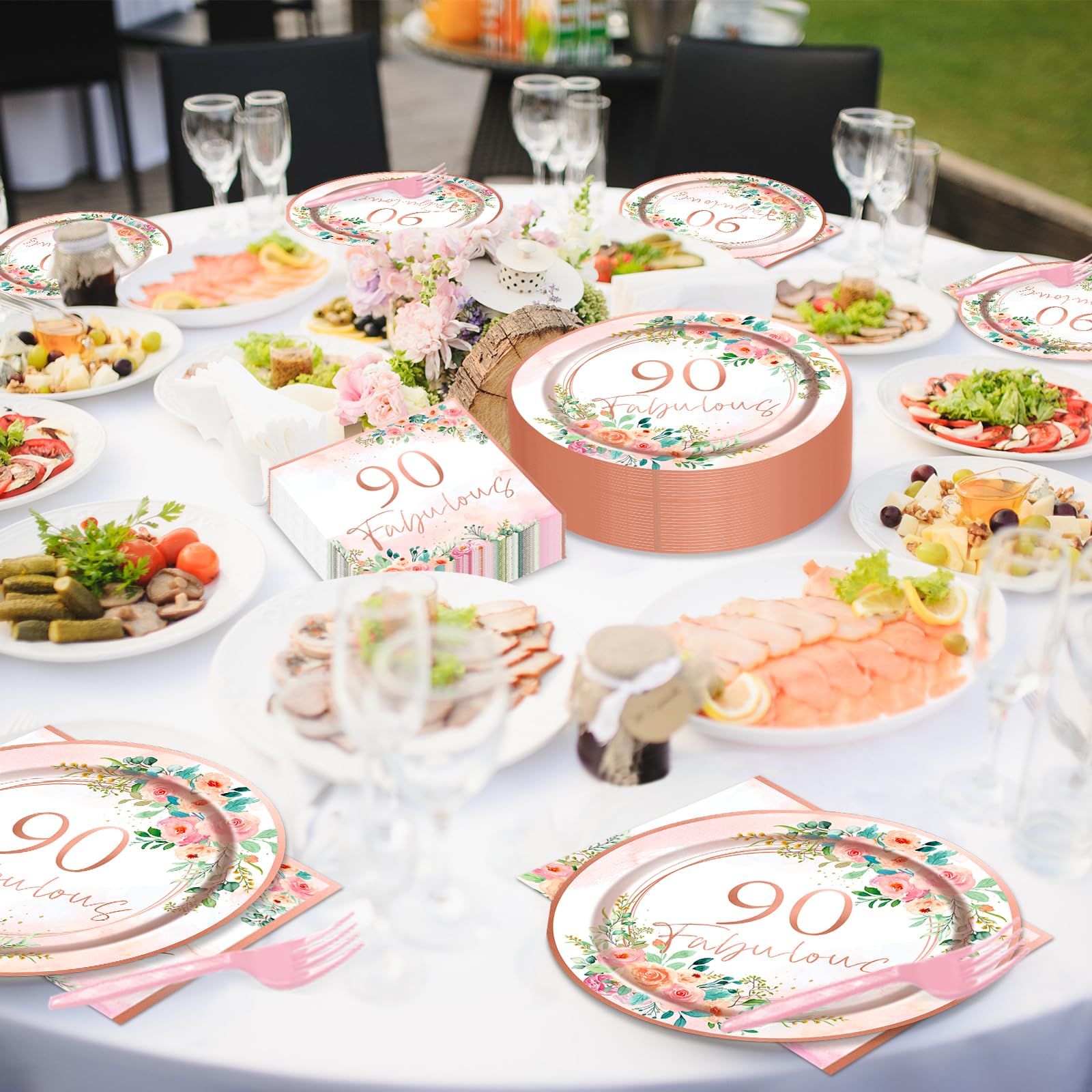 gisgfim Rose Gold 90th Birthday Party Tableware Set - 50 Guests, 200PCS Floral Paper Plates & Napkins, Fabulous Party Decorations