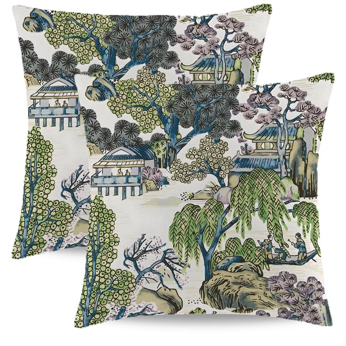 Wsunsal Chinoiserie Pillow Covers 16X16 Inch Set Of 2 Asian Scenic Purple Green Throw Pillow Cover Farmhouse Chinoiserie Outdoor