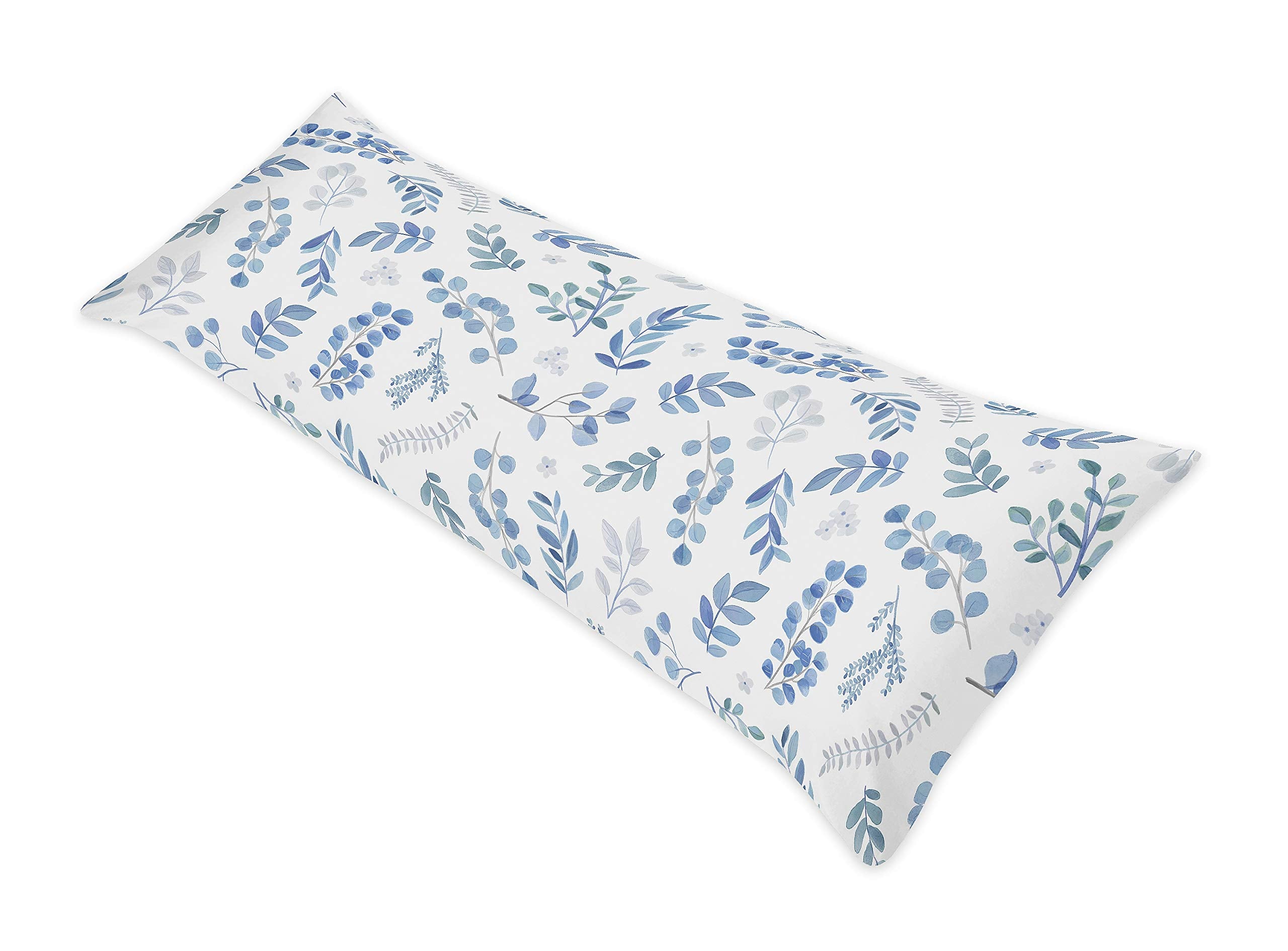 Sweet Jojo Designs Floral Leaf Body Pillow Case Cover (Pillow Not Included) - Blue Grey and White Boho Watercolor Botanical Flow