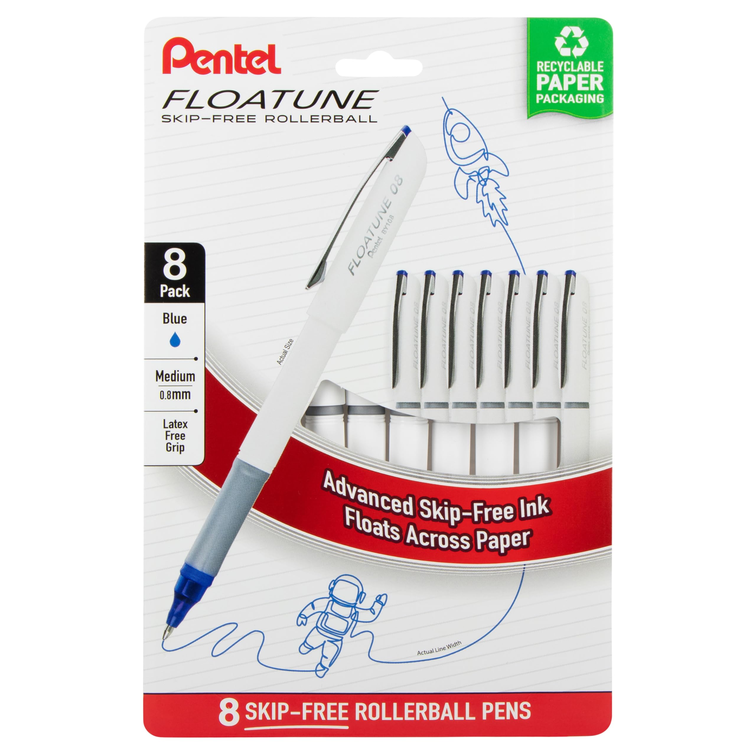 Pentel Floatune Rollerball, 0.8Mm Medium Point, Blue Ink, Pack Of 8 Pens (By108Pf8C)