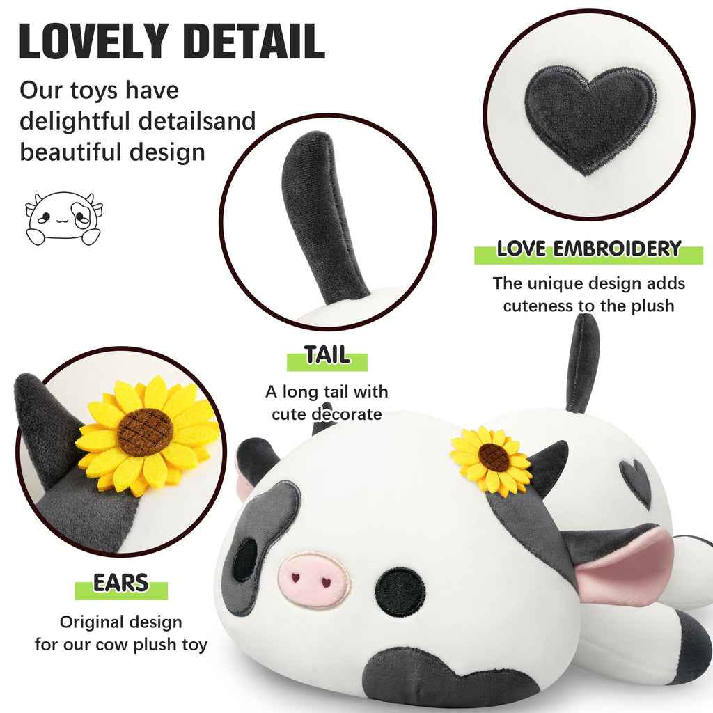 Onsoyours Cute Cow Plushie With Sunflower Headwear, Soft Stuffed Milk Cow Squishy Plush Animal Toy Flower Cow Pillow For Kids (S