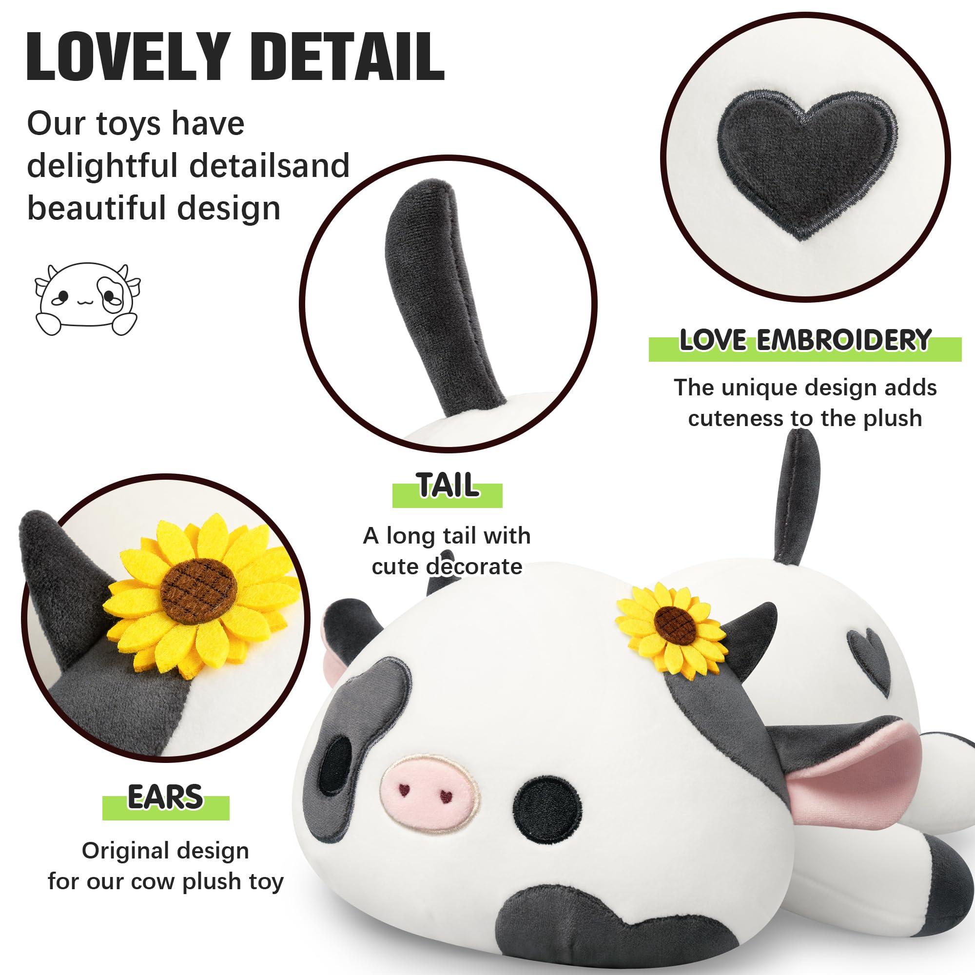 Onsoyours Cute Cow Plushie With Sunflower Headwear, Soft Stuffed Milk Cow Squishy Plush Animal Toy Flower Cow Pillow For Kids (S