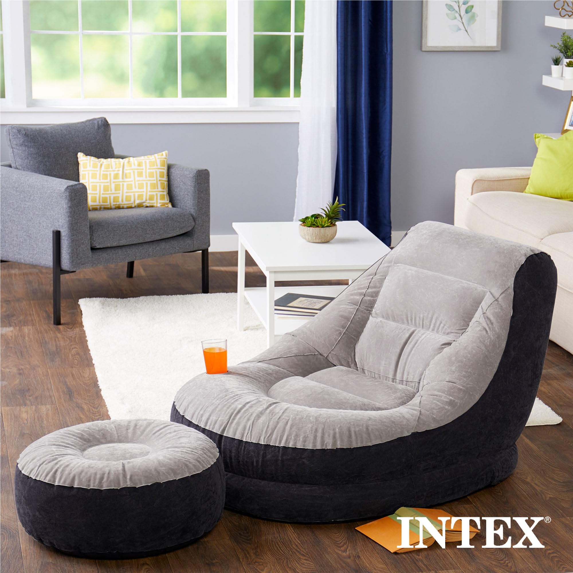 Intex Inflatable Ultra Lounge Chair With 2 In 1 Valve Extra Wide Opening, Angled Back Rest, Built In Cup Holder, And Ottoman, Gray (5 Pack)