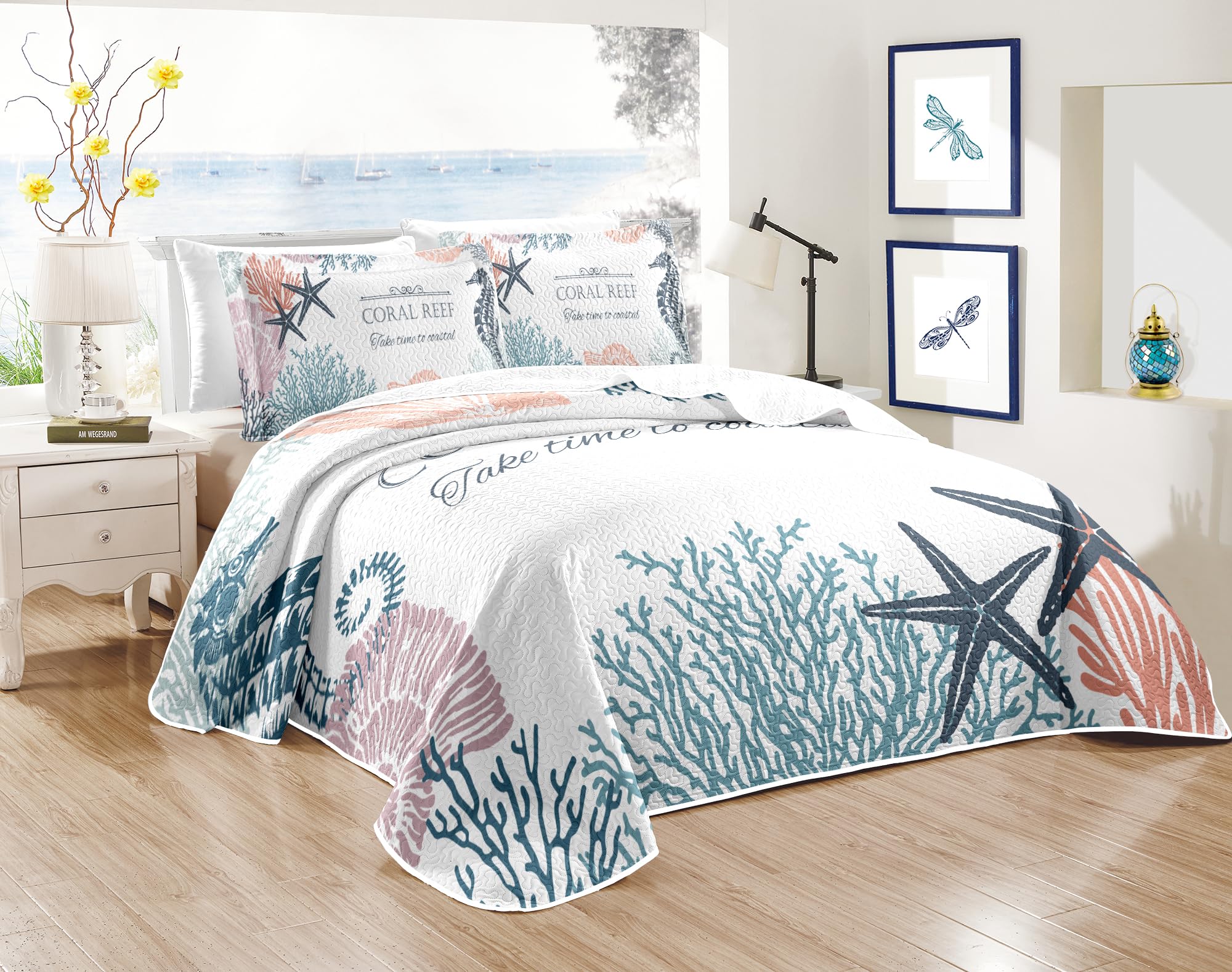 Coastal Bedding Queen Size Coastal Quilt With 2 Shams, Nautical Bedding Beach Comforter Sets Ocean Bedspreads Coastal Coverlet S