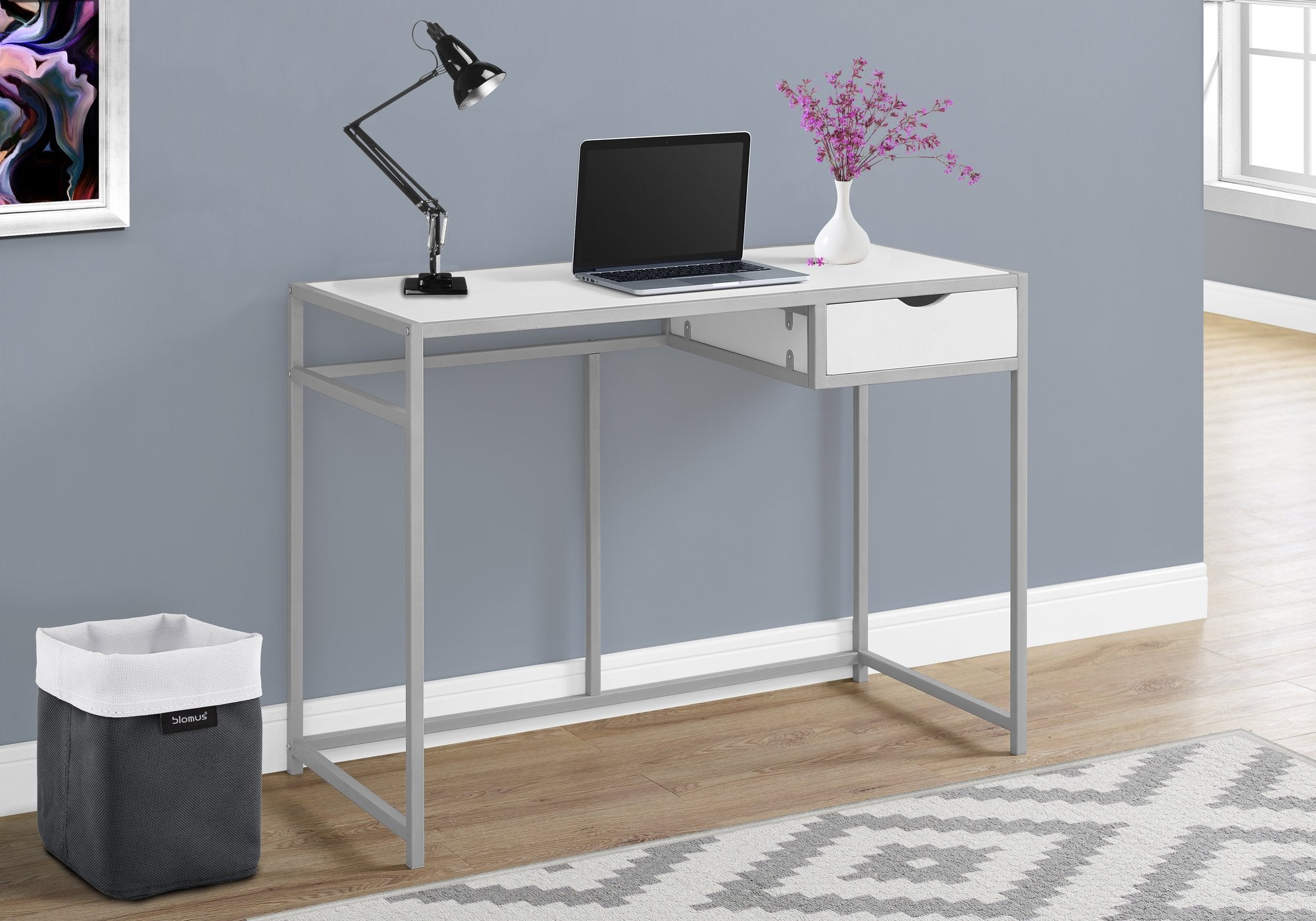 Monarch Specialties Contemporary Laptop Table With Drawer Home & Office Computer Desk-Metal Legs, 42&quot; L, White-Silver
