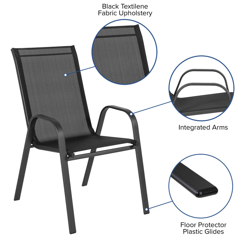 Flash Furniture 2 Flex Comfort Stack Chairs, 23.75" Round Tempered Glass Patio Table, Black