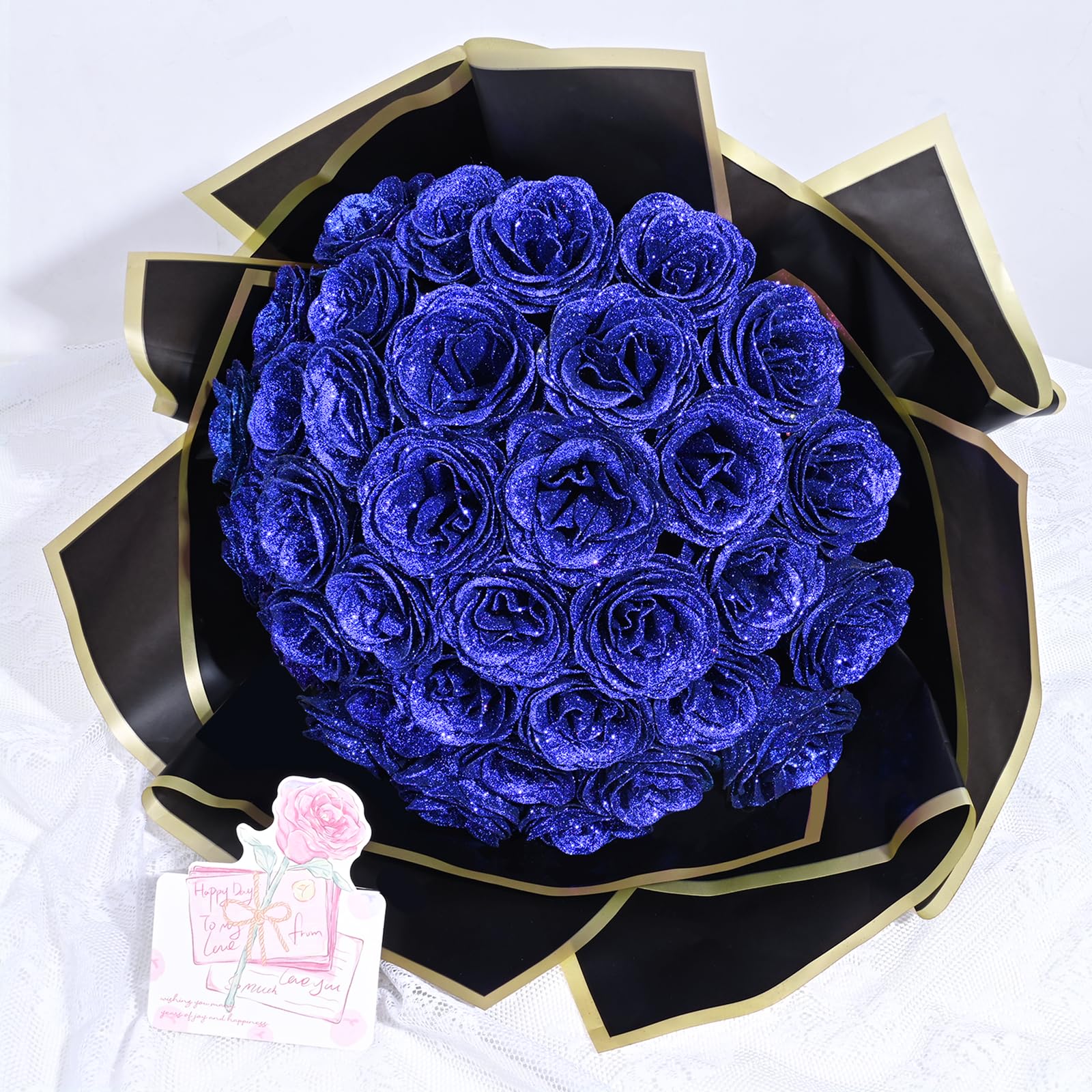 Waipfaru Glitter Roses Bouquet, DIY Fake Glitter Flowers Bouquet, Everlasting Shiny Artificial Blue Rose Bouquet, Anniversary, E
