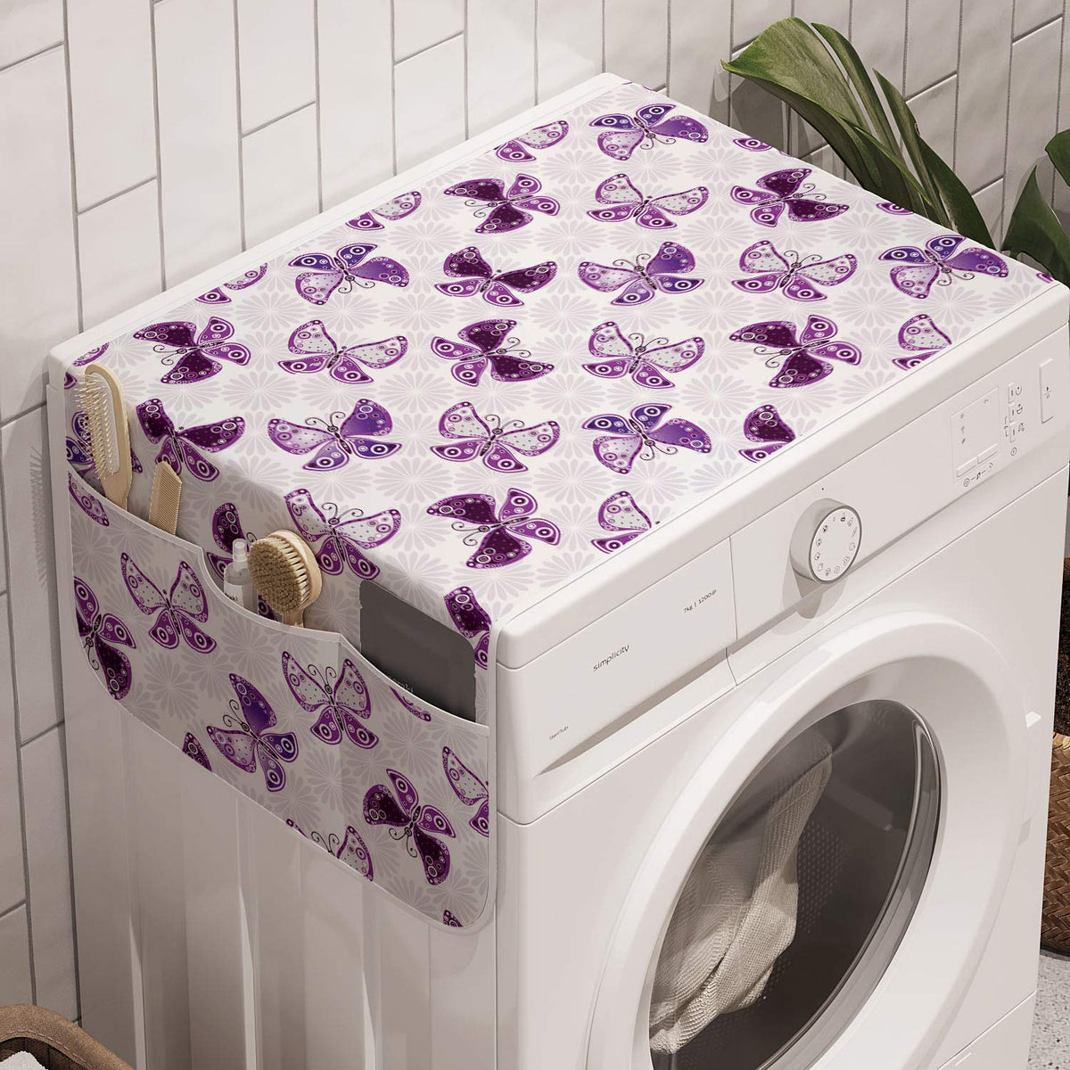 Lunarable Butterfly Washing Machine Organizer, Monotone Pattern Of Winged Insect And Flowers, Anti-Slip Fabric Cover For Washers