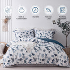 Mildly 100% Long-Staple Cotton Duvet Cover Set Light Navy Ginkgo Leaf Pattern Printed Comforter Cover 3Pcs, Ultra Soft & Breatha