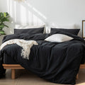 Moomee Bedding Duvet Cover Set 100% Washed Cotton Linen Like Textured Breathable Durable Soft Comfy (Black, Full)