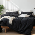 Moomee Bedding Duvet Cover Set 100% Washed Cotton Linen Like Textured Breathable Durable Soft Comfy (Black, Full)