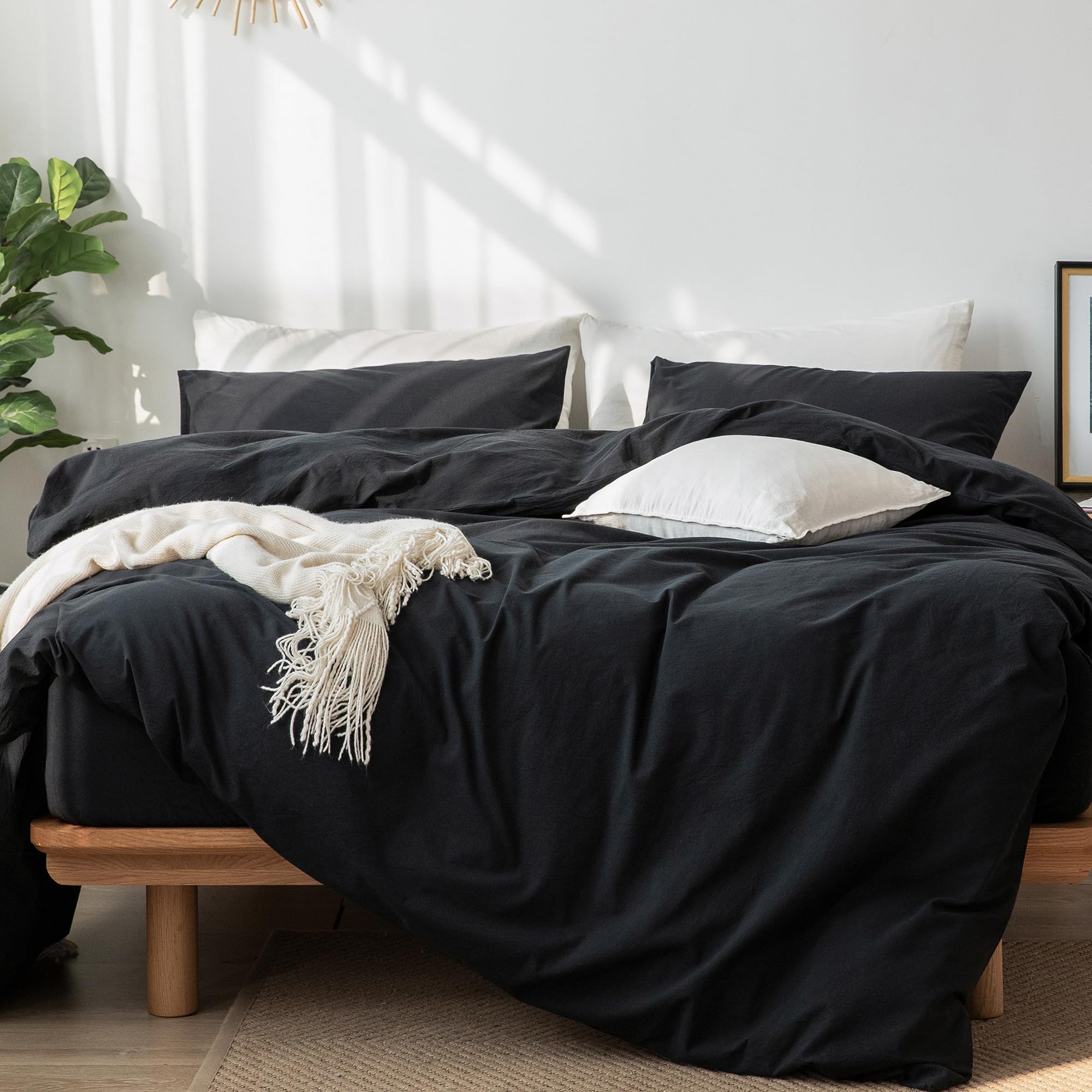 Moomee Bedding Duvet Cover Set 100% Washed Cotton Linen Like Textured Breathable Durable Soft Comfy (Black, Full)