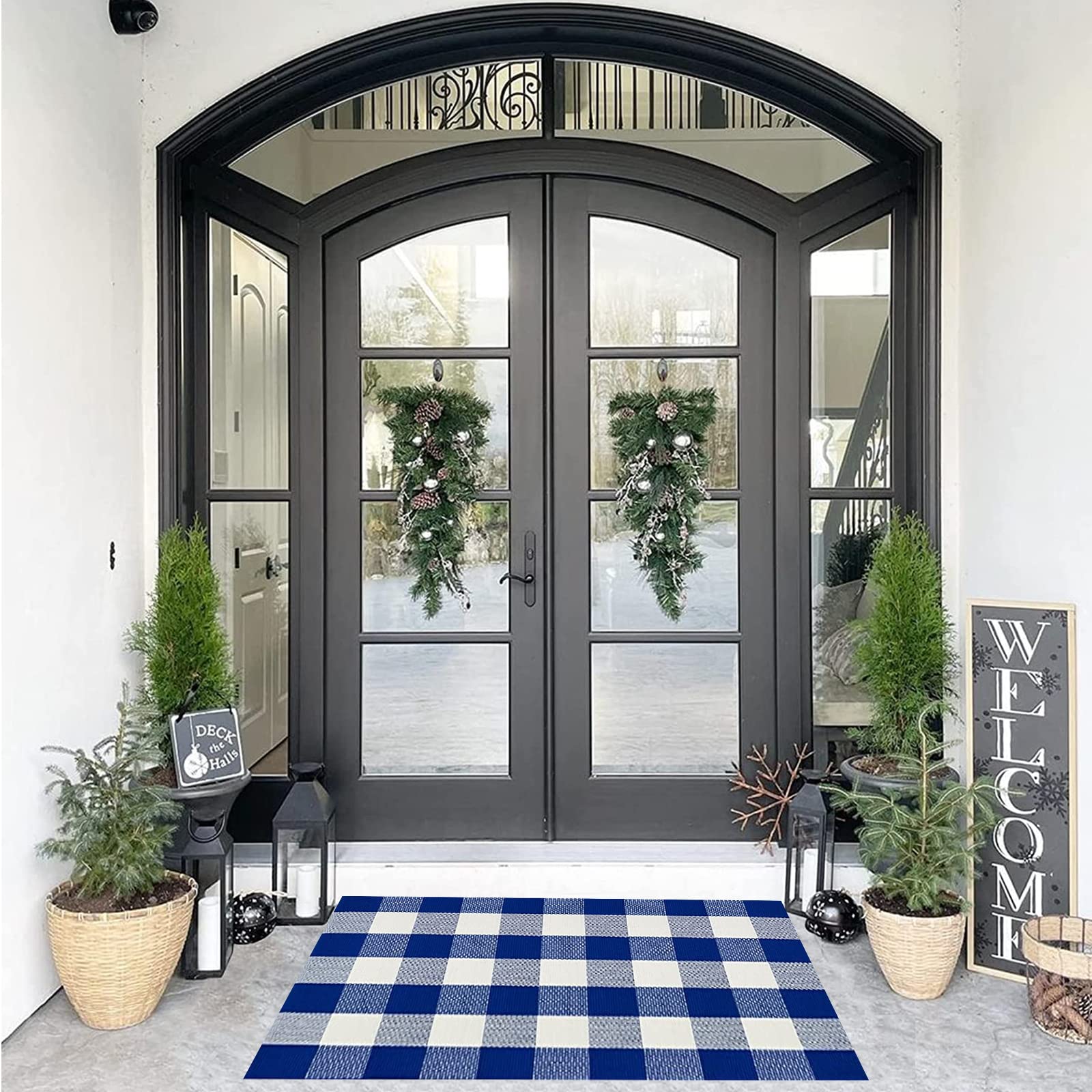 SEEKSEE Cotton Buffalo Plaid Rug 27.5x43 Blue and White Checked Rug Washable Doormats Indoor Outdoor Rugs for Layered Front Door