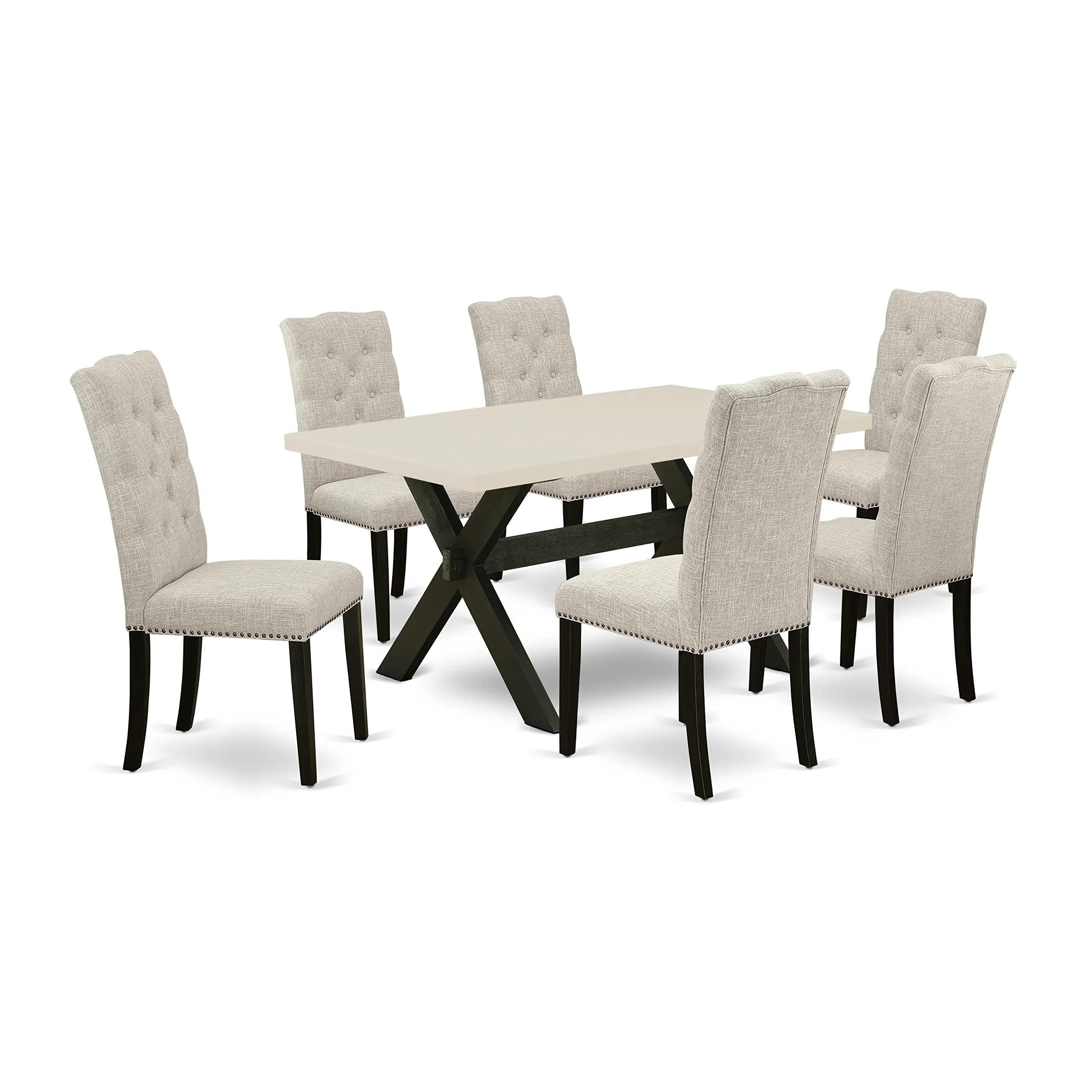 East West Furniture X626El635-7 7 Piece Dinette Set Consist Of A Rectangle Dining Room Table With X-Legs And 6 Doeskin Linen Fabric Parsons Dining Chairs, 36X60 Inch, Multi-Color