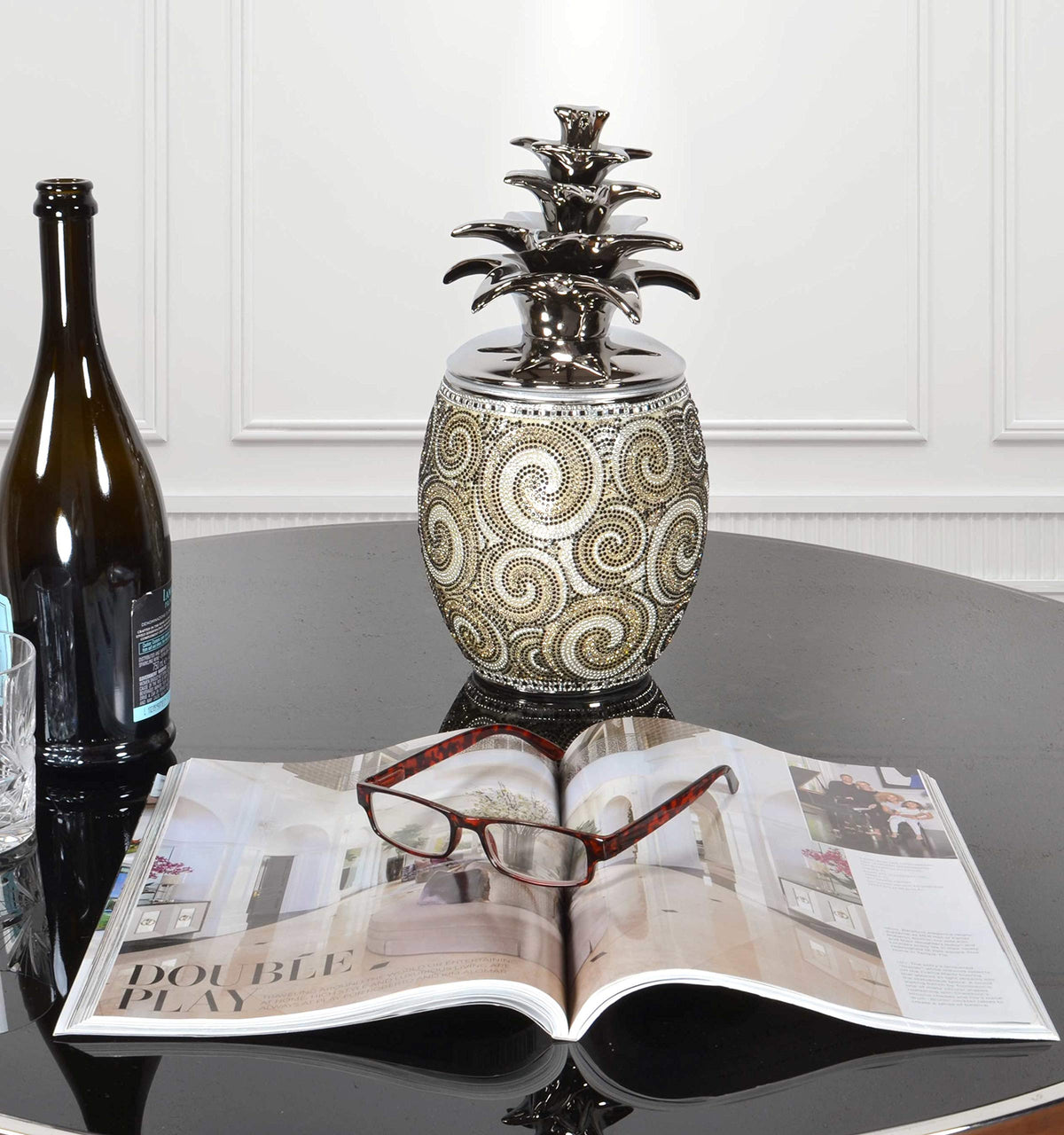 Silver Black Crystal Large Pineapple Canister Bowl Urn Ornament Modern Box