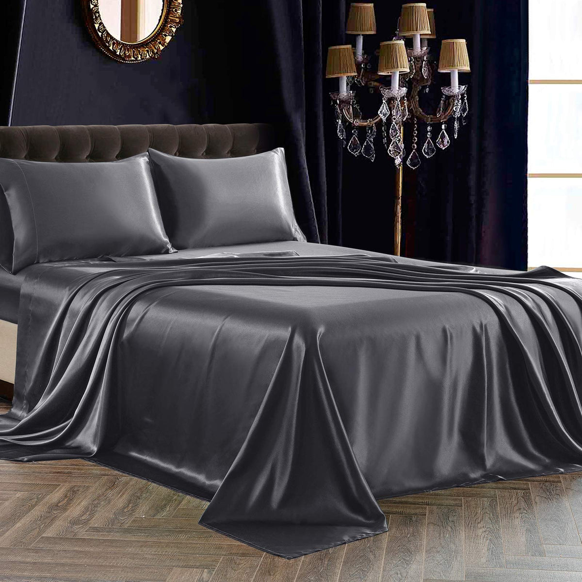 Siinvdabzx 3Pcs Twin Xl Sheets Set, Grey Silky Satin Sheets Twin Xl Bedding Set Ultra-Soft Extra Long Bed Sheets For College Dor