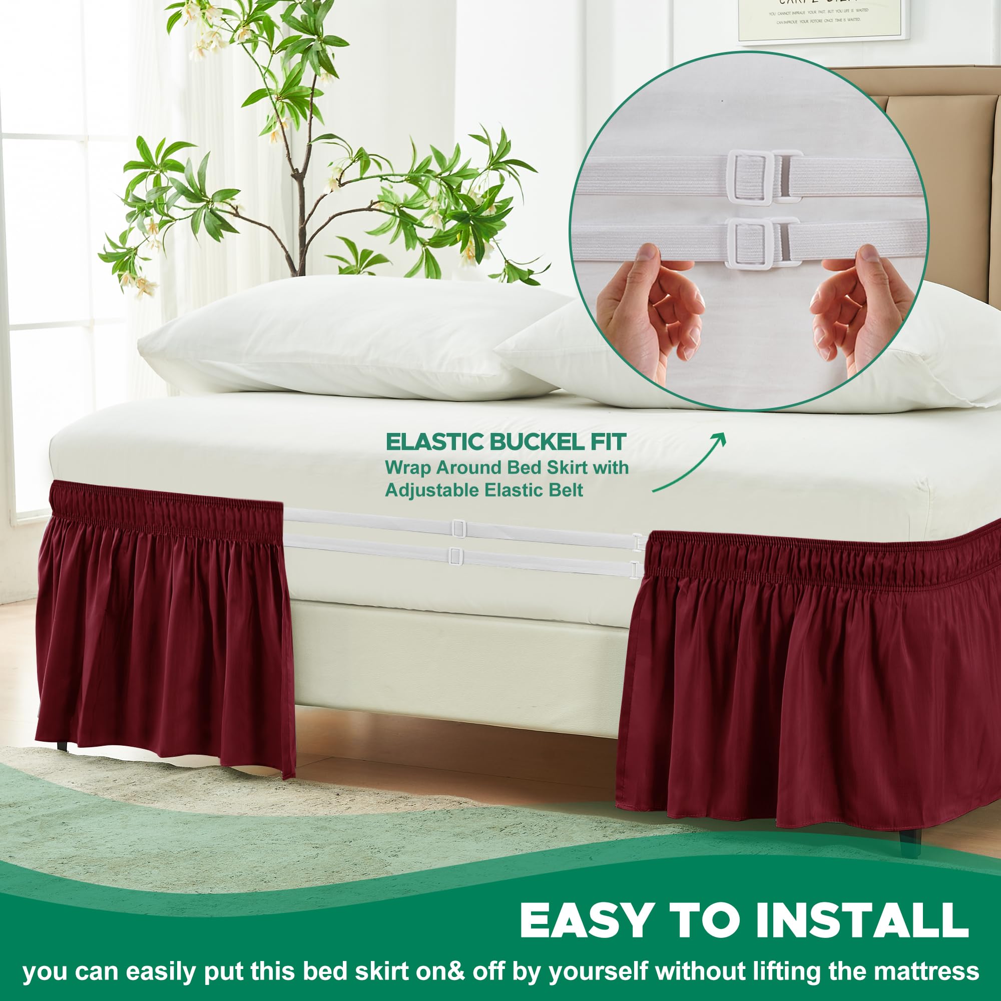 Biscaynebay Wrap Around Bed Skirts For King & Cal King Beds 16' Drop, Burgundy Adjustable Elastic Dust Ruffles Easy Fit Wrinkle & Fade Resistant Silky Luxurious Fabric Solid Machine Washable
