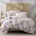 MILDLY 100% Long-Staple Cotton Duvet Cover Set Light Gray Pink Floral Leaf Pattern Printed Comforter Cover 3pcs, Ultra Soft & Br