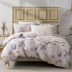 MILDLY 100% Long-Staple Cotton Duvet Cover Set Light Gray Pink Floral Leaf Pattern Printed Comforter Cover 3pcs, Ultra Soft & Br