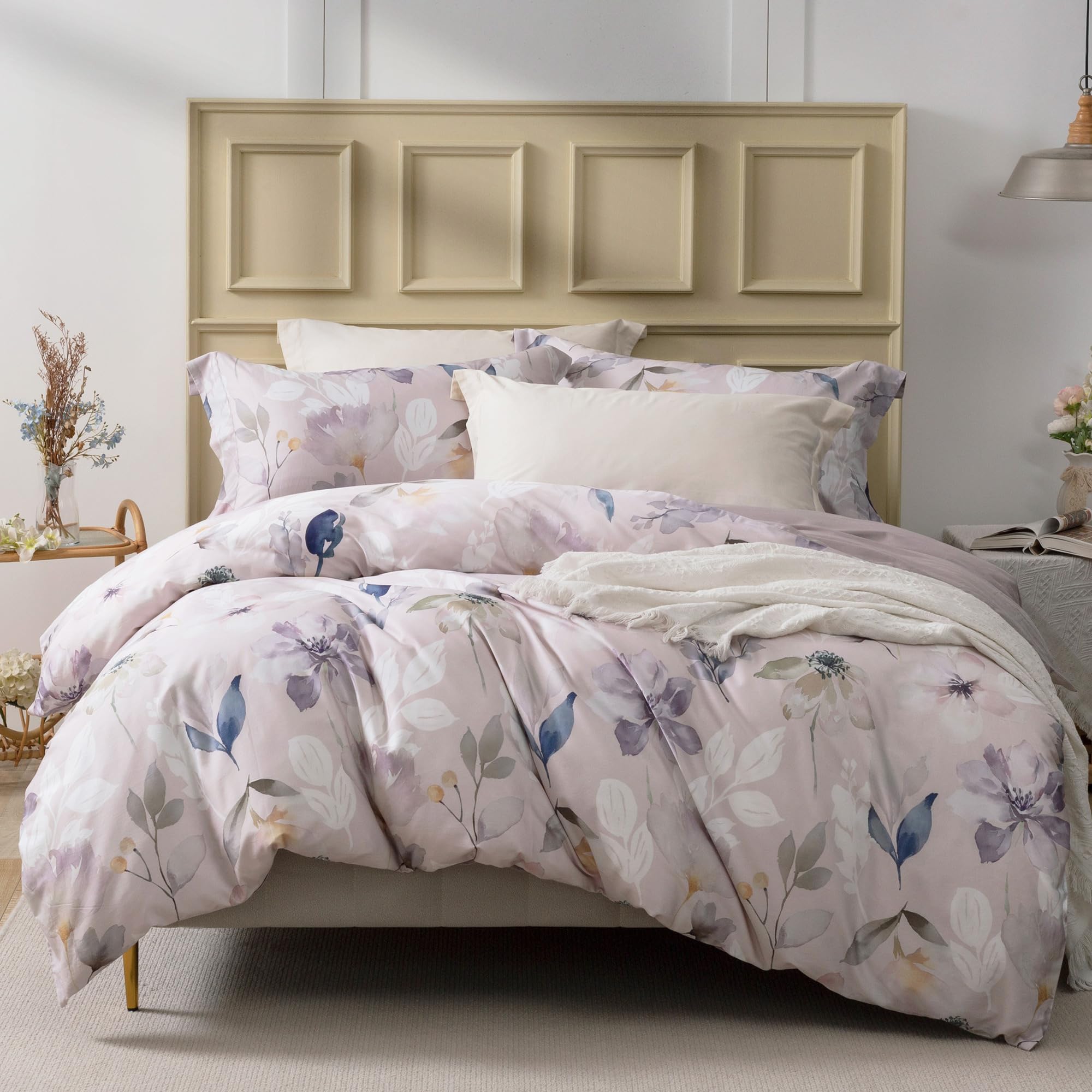 MILDLY 100% Long-Staple Cotton Duvet Cover Set Light Gray Pink Floral Leaf Pattern Printed Comforter Cover 3pcs, Ultra Soft & Br