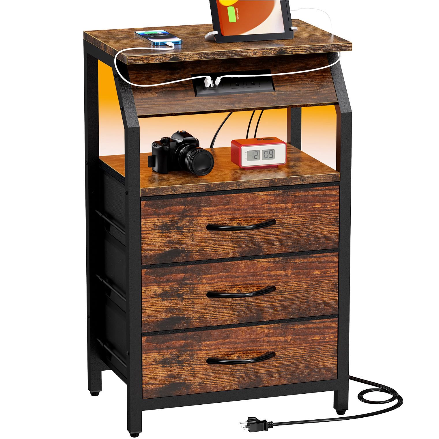 Szlhanjz End Table With Charging Station, Nightstand With Led Lights And 3 Drawers, Small Dresser With Fabric Storage, Retro Side Table For Bedside, Living Room Dorm, Rustic Brown