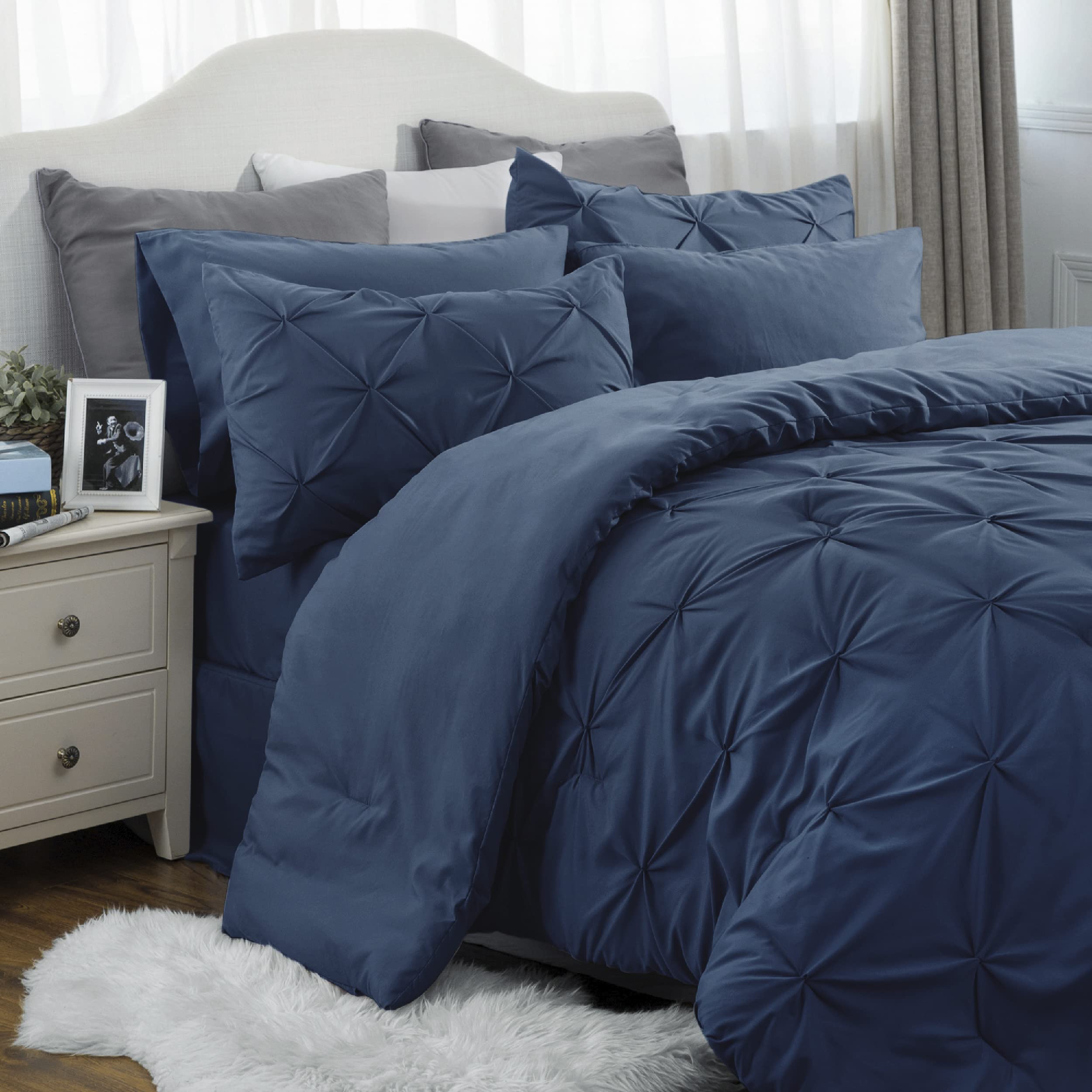 Bedsure King Size Comforter Set - Bedding Set King 7 Pieces, Pintuck Bed In A Bag Navy Blue Bed Set With Comforter, Sheets, Pill