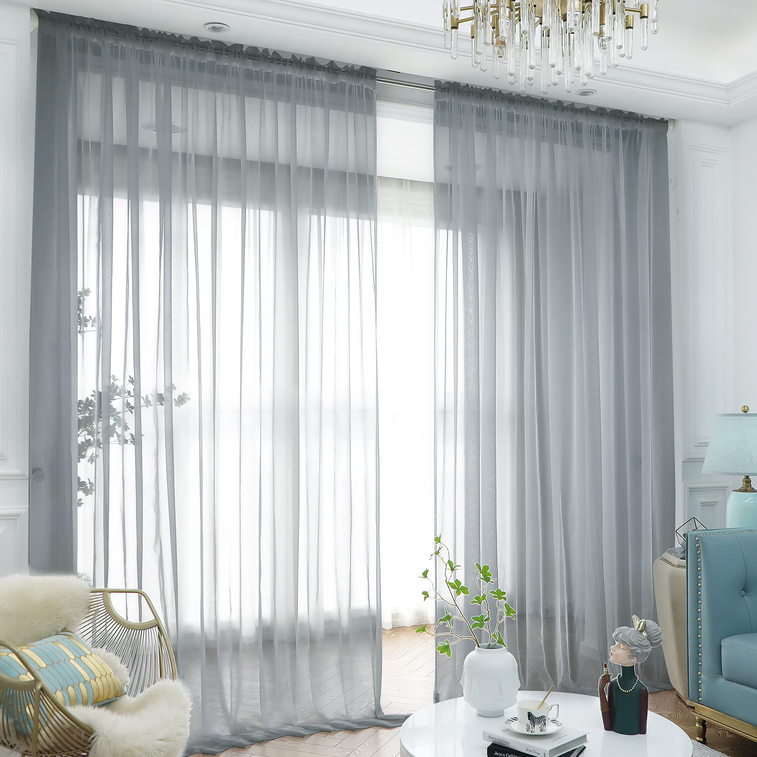 Window Light Gray Sheer Curtains 95 Inches Long 2 Panels Sheer Curtain Basic Rod Pocket Panel For Bedroom Children Living Room Y