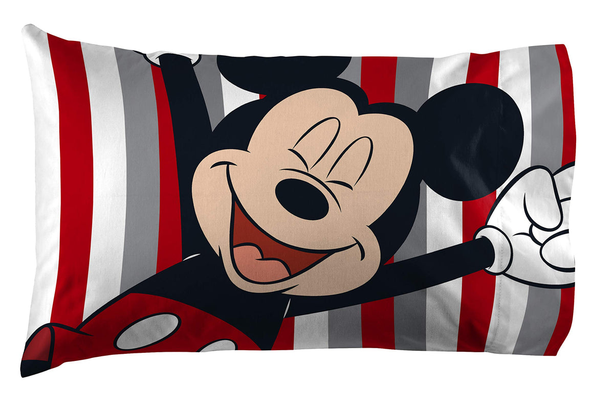 Jay Franco Disney Mickey Mouse Stripes 1 Pack Pillowcase - Double-Sided Kids Super Soft Bedding