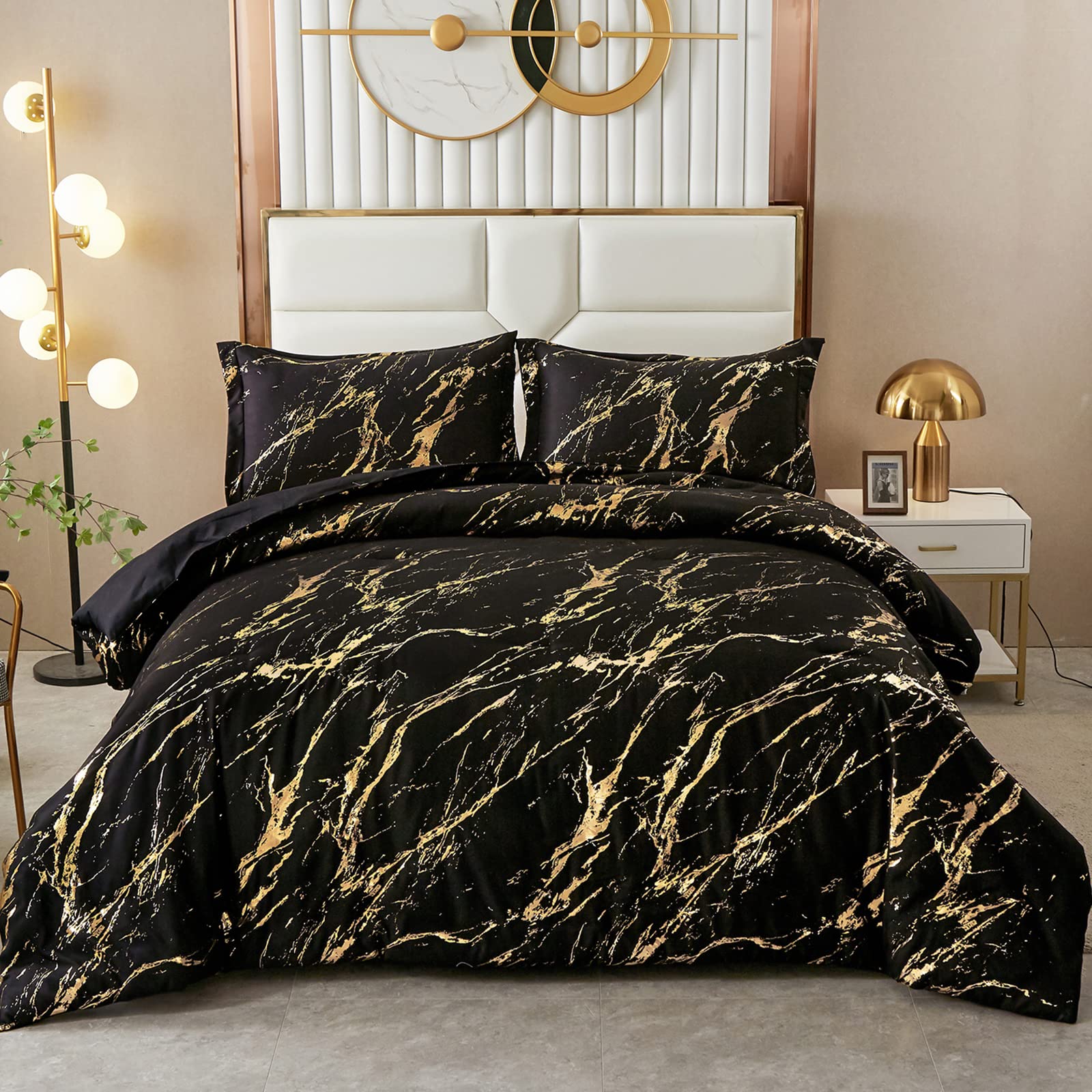 WONGS BEDDING Black Gold Metallic Marble Comforter Set King Foil Print Glitter Bedding Sets with 2 Pillowcases for All Seasons, 