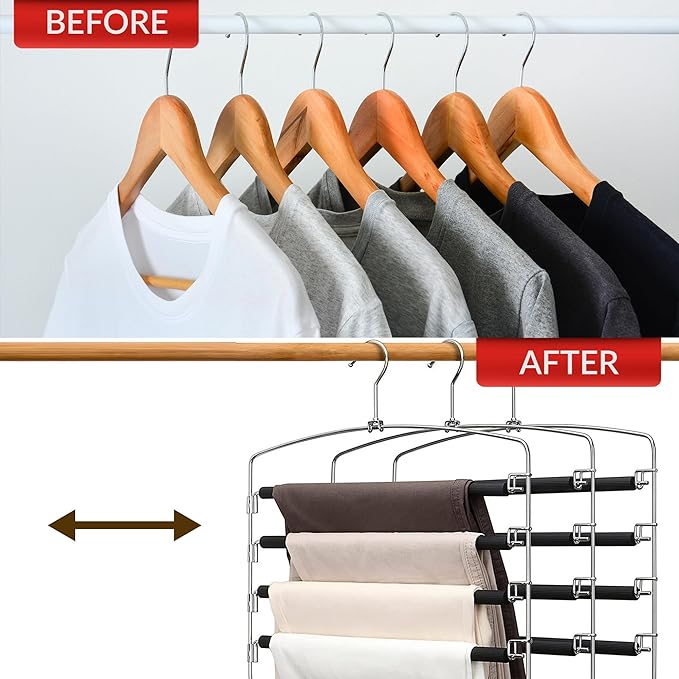6-Tier Swing-Arm Pants Hanger with Foam Padding, Removable Arms