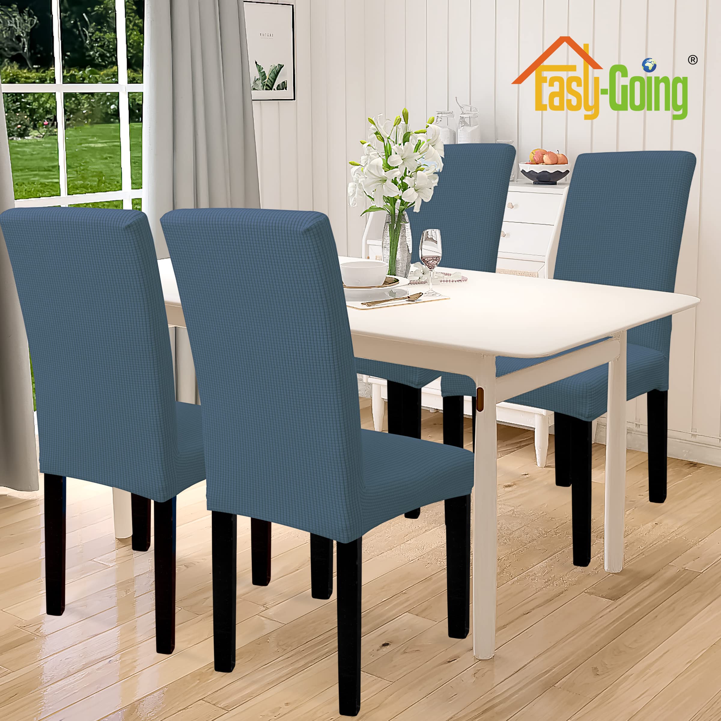 Easy-Going 100% Waterproof Dining Room Chair Cover Set Of 4, Stretch Jacquard Parson Chair Slipcover Removable Washable Chair Protector For Home, Restaurant, Banquet (Xlarge, Bluestone)