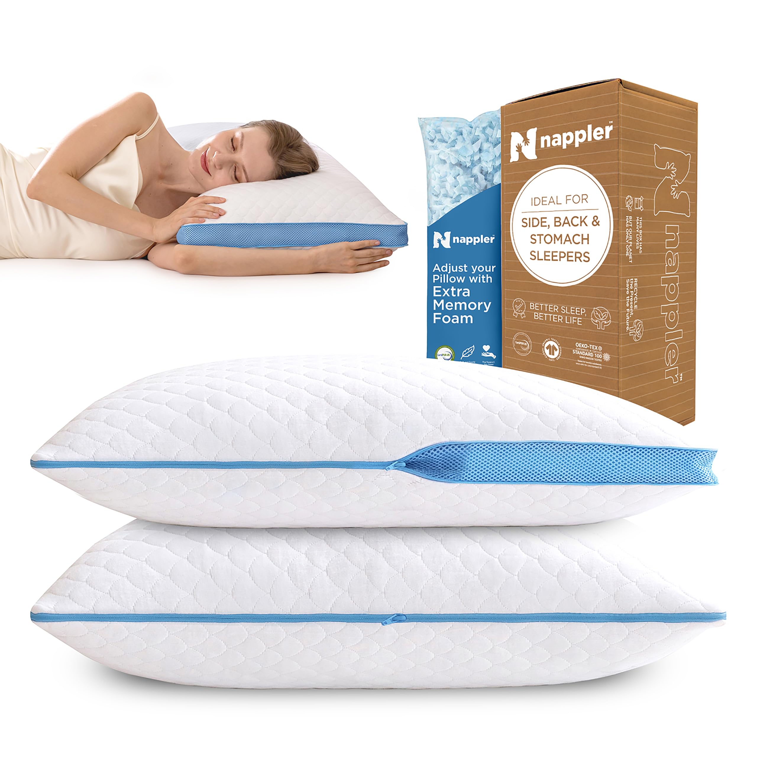Nappler Side And Back Sleeper Pillow For Neck And Shoulder Pain Relief-Shredded Memory Foam Bed Pillow For Sleeping - 100% Adjus