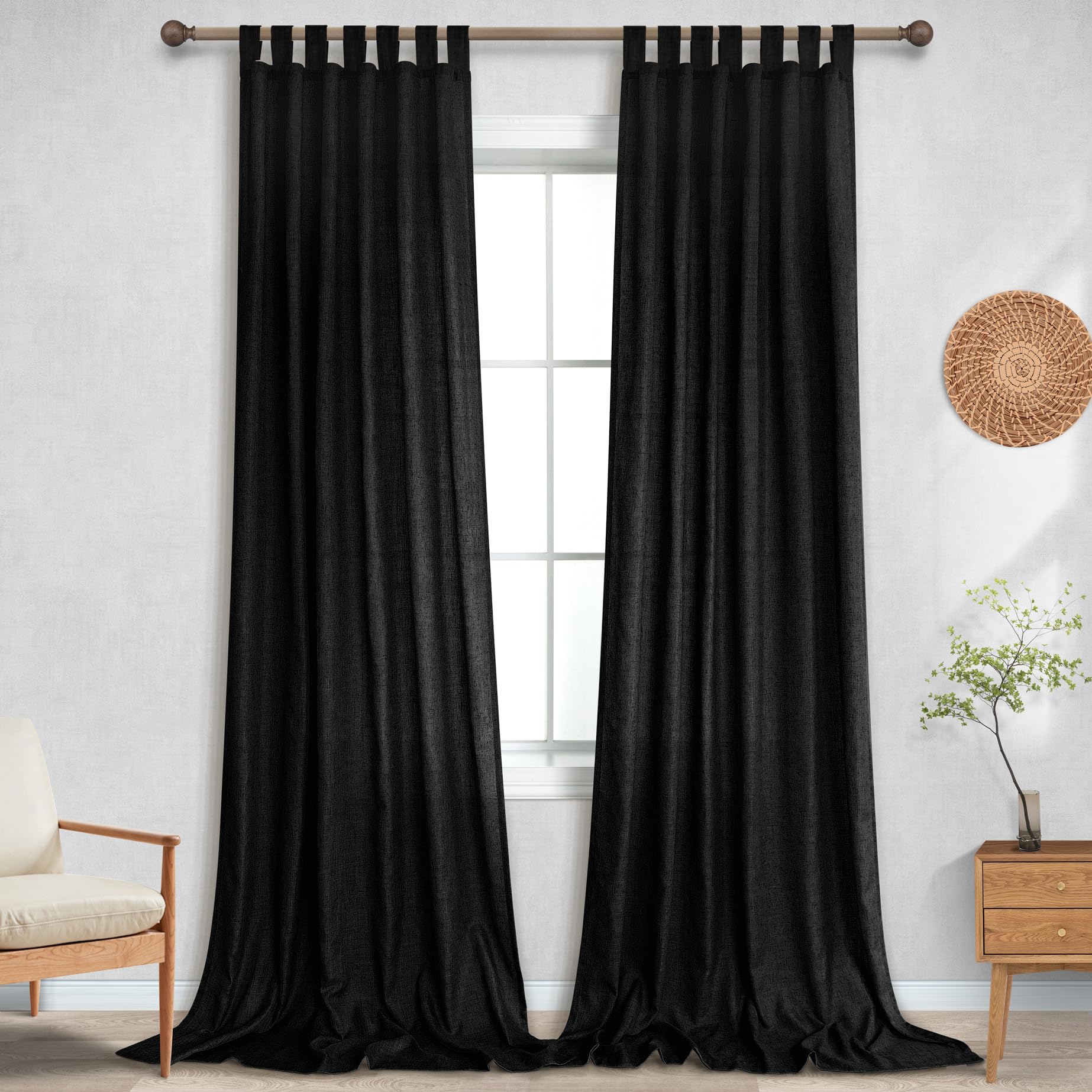 Koufall Black Curtains 96 Inches Long For Living Room,Sheer Linen Boho Canopy Bed Curtains For Bed