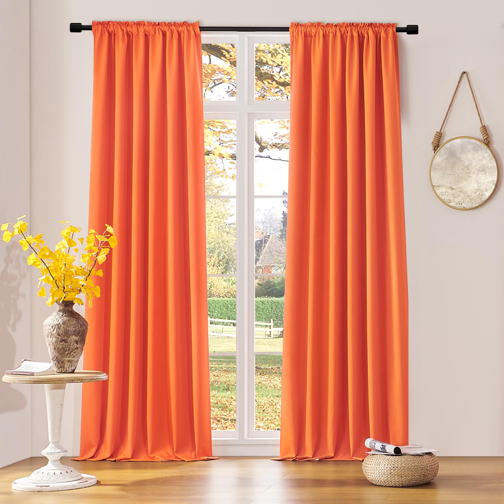 Light Filter Shading Effect Curtains Set For Windows,96 Inch Length Room Darkenging Energy Efficient Privacy Assured Window Treatment Curtains(Vibrant Orange,Pack Of 2,52 Inches W X 96 Inches L)
