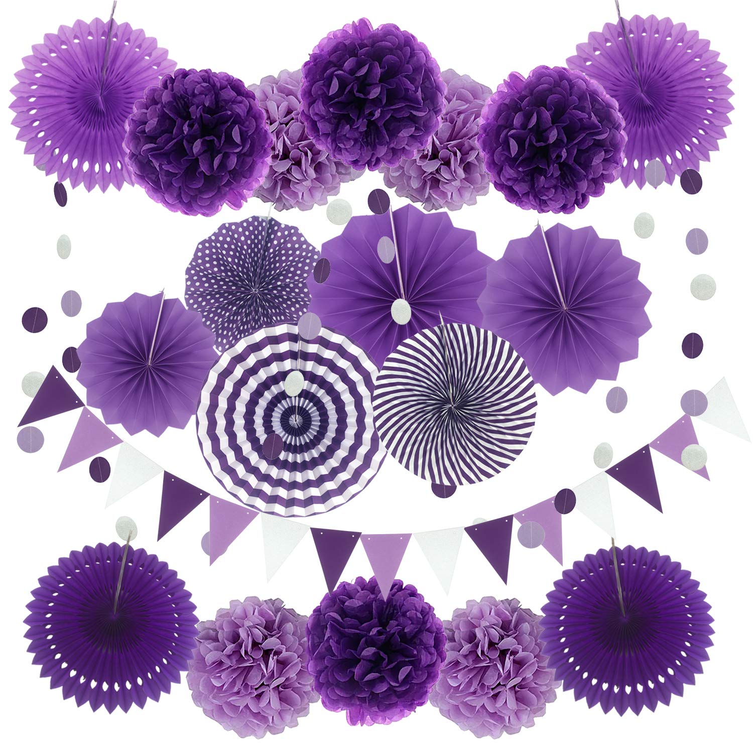 ZERODECO Party Decoration, 21 Pcs Purple and Lavender Hanging Paper Fans, Pom Poms Flowers, Garlands String Polka Dot and Triang