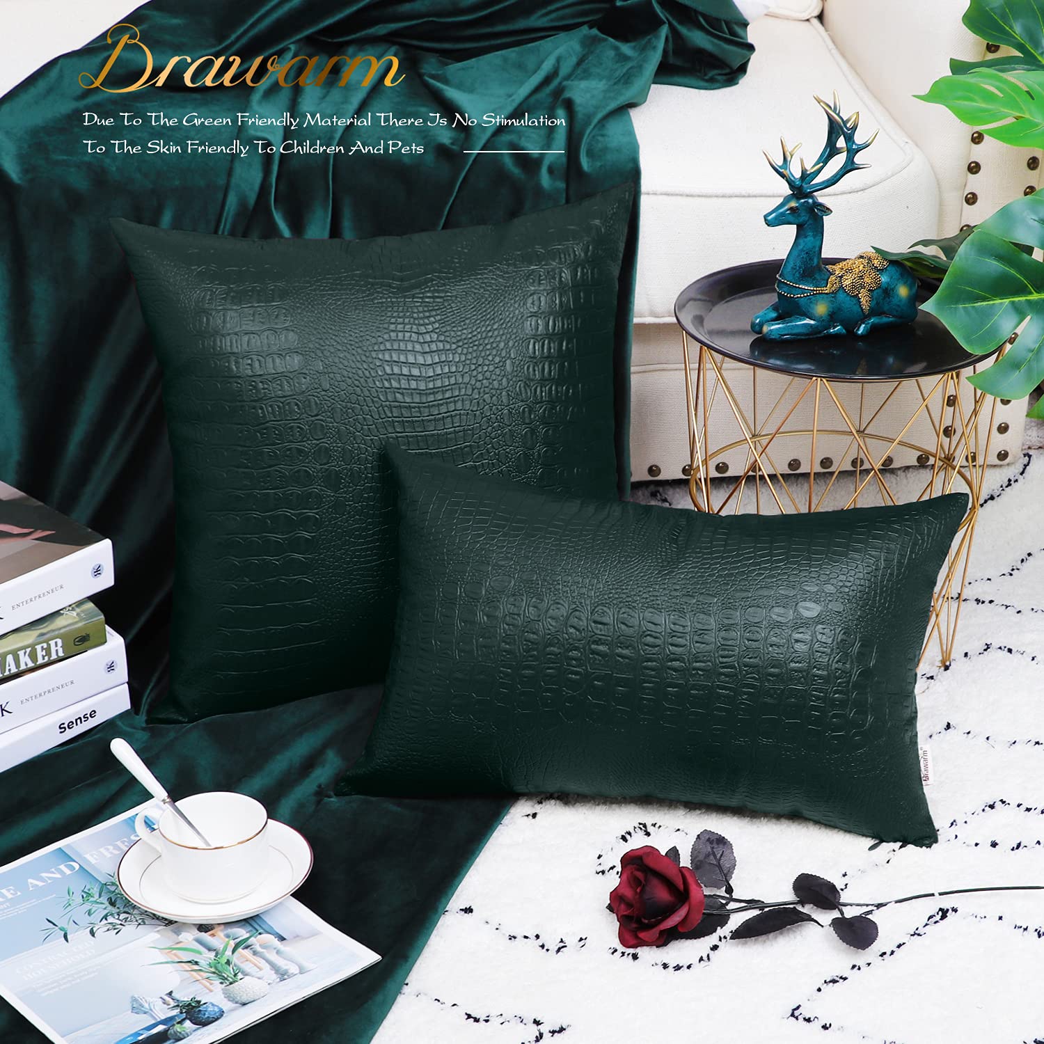 Brawarm Faux Leather Pillow Covers 20 X 20 Inches, Dark Green Leather Pillow Covers Pack Of 2, Crocodile Leather Decorative Thro
